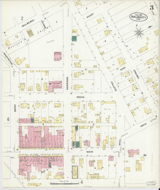 Sanborn Fire Insurance Map from Oakland City, Gibson County, Indiana (1907), Sheet #0003 - Historic Sanborn Fire Insurance Map Print, vintage old map wall art, antique decor, genealogy gift, Indiana Indiana map