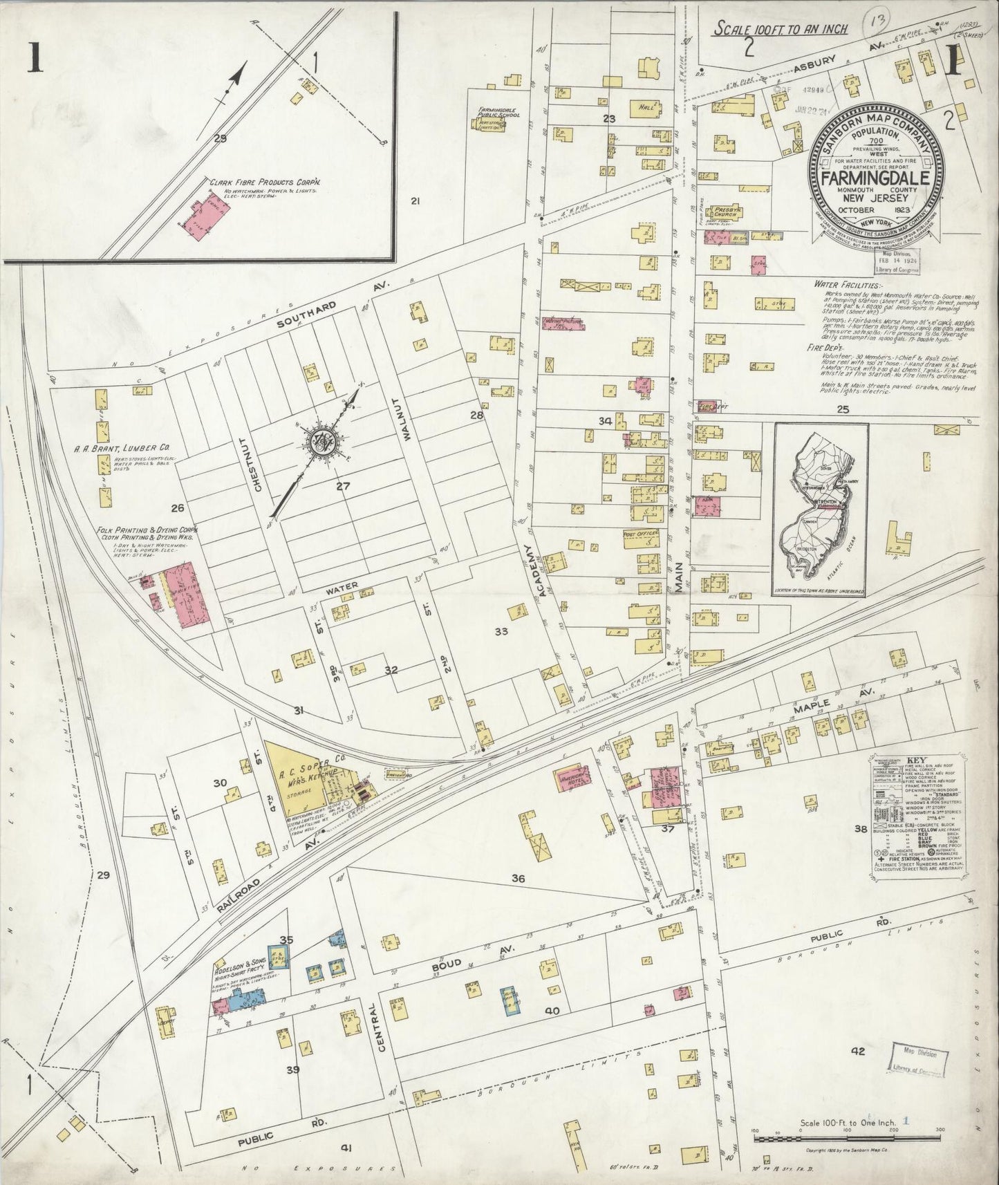 Sanborn Fire Insurance Map from Farmingdale, Monmouth County, New Jersey (1923), Sheet #0001 - Historic Sanborn Fire Insurance Map Print, vintage old map wall art, antique decor, genealogy gift, New Jersey New Jersey map
