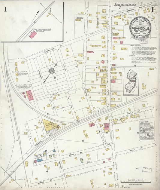 Sanborn Fire Insurance Map from Farmingdale, Monmouth County, New Jersey (1923), Sheet #0001 - Historic Sanborn Fire Insurance Map Print, vintage old map wall art, antique decor, genealogy gift, New Jersey New Jersey map