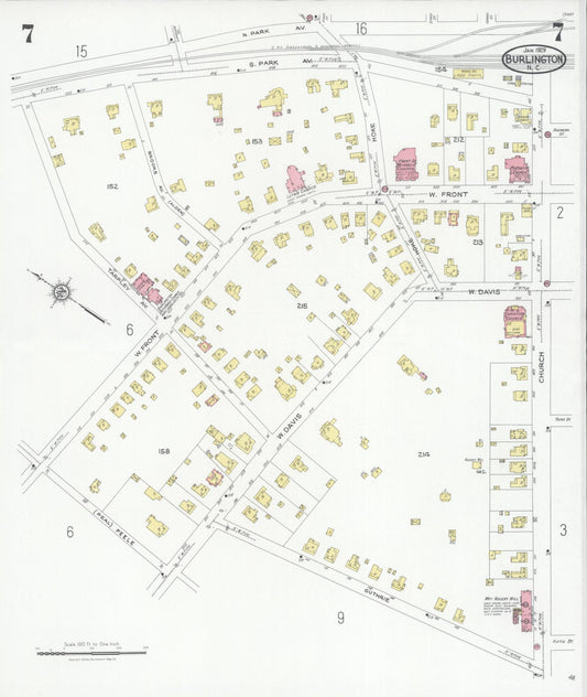 Sanborn Fire Insurance Map from Burlington, Alamance County, North Carolina (1929), Sheet #0007 - Historic Sanborn Fire Insurance Map Print, vintage old map wall art, antique decor, genealogy gift, North Carolina North Carolina map