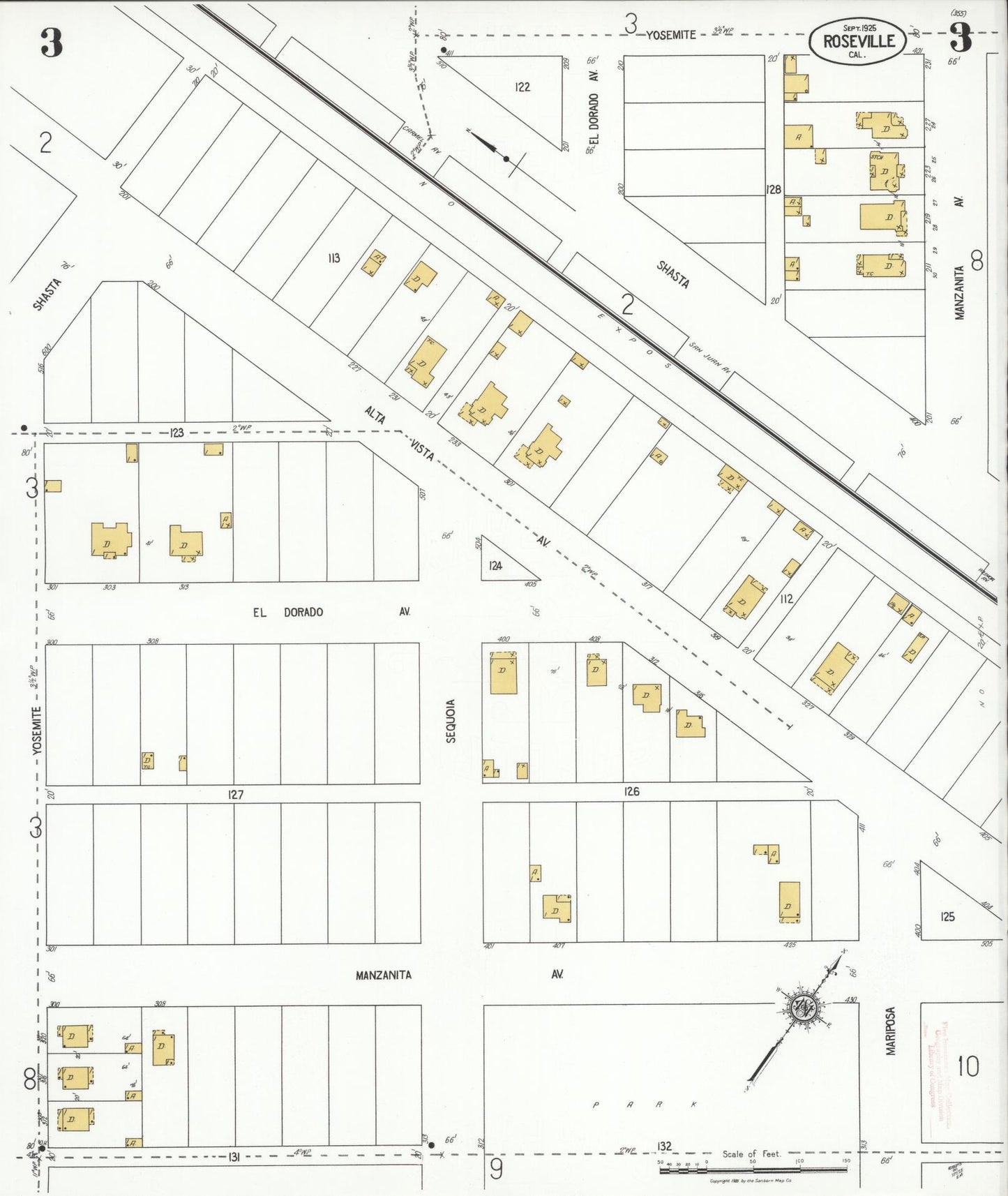 Sanborn Fire Insurance Map from Roseville, Placer County, California (1925), Sheet #0003 - Complete Map Set gallery image, historic Sanborn map, vintage wall art, California California