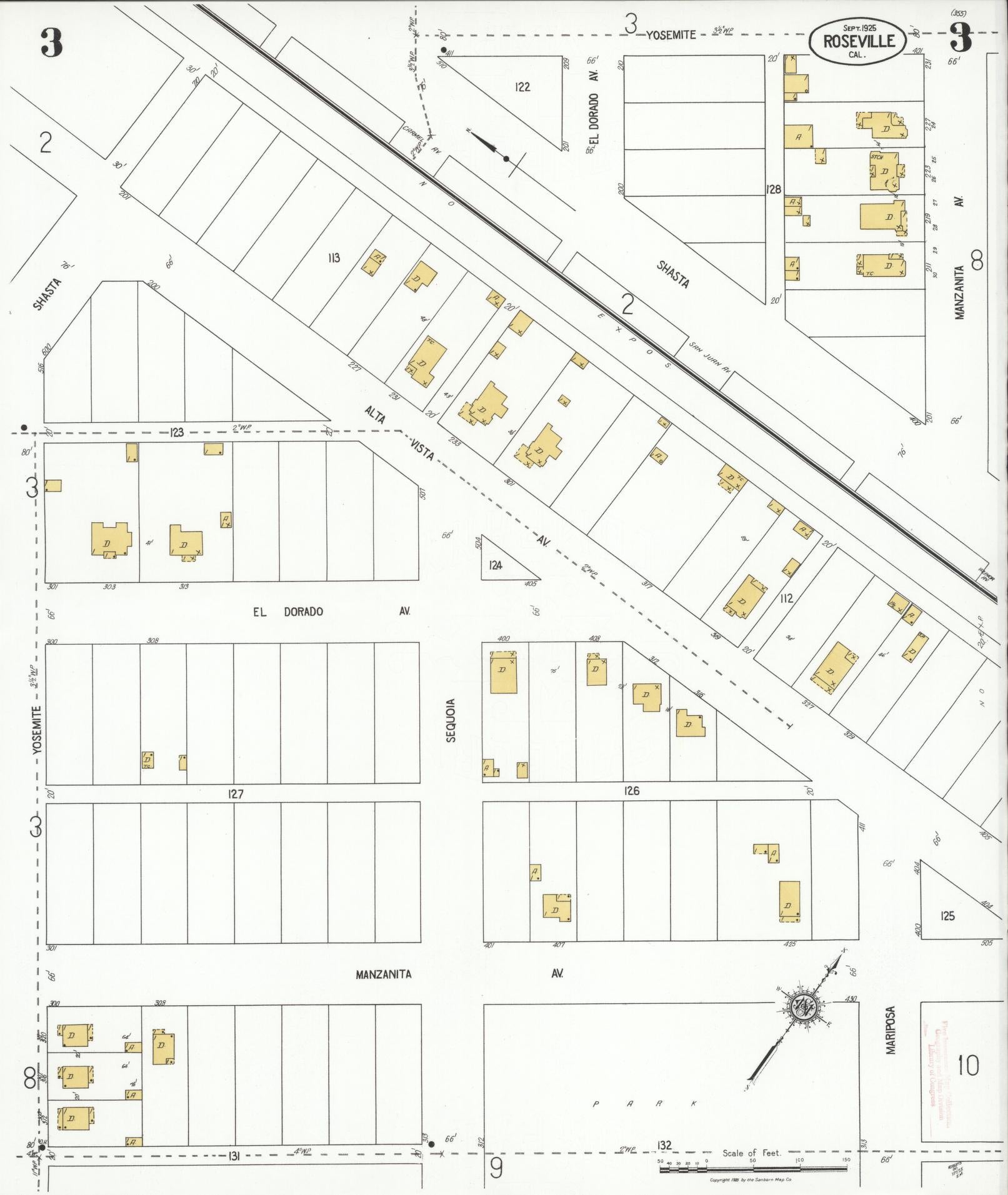 Sanborn Fire Insurance Map from Roseville, Placer County, California (1925), Sheet #0003 - Complete Map Set gallery image, historic Sanborn map, vintage wall art, California California