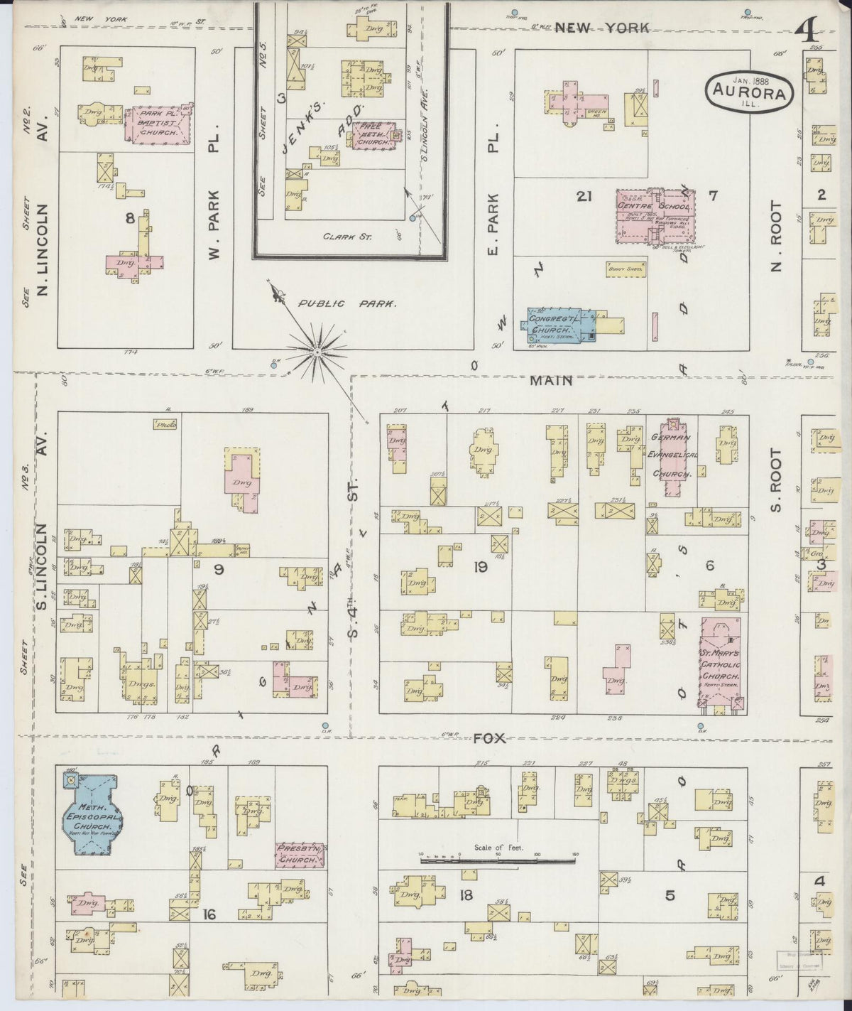 Sanborn Fire Insurance Map from Aurora, Kane County, Illinois (1888), Sheet #0004 - Complete Map Set gallery image, historic Sanborn map, vintage wall art, Illinois Illinois