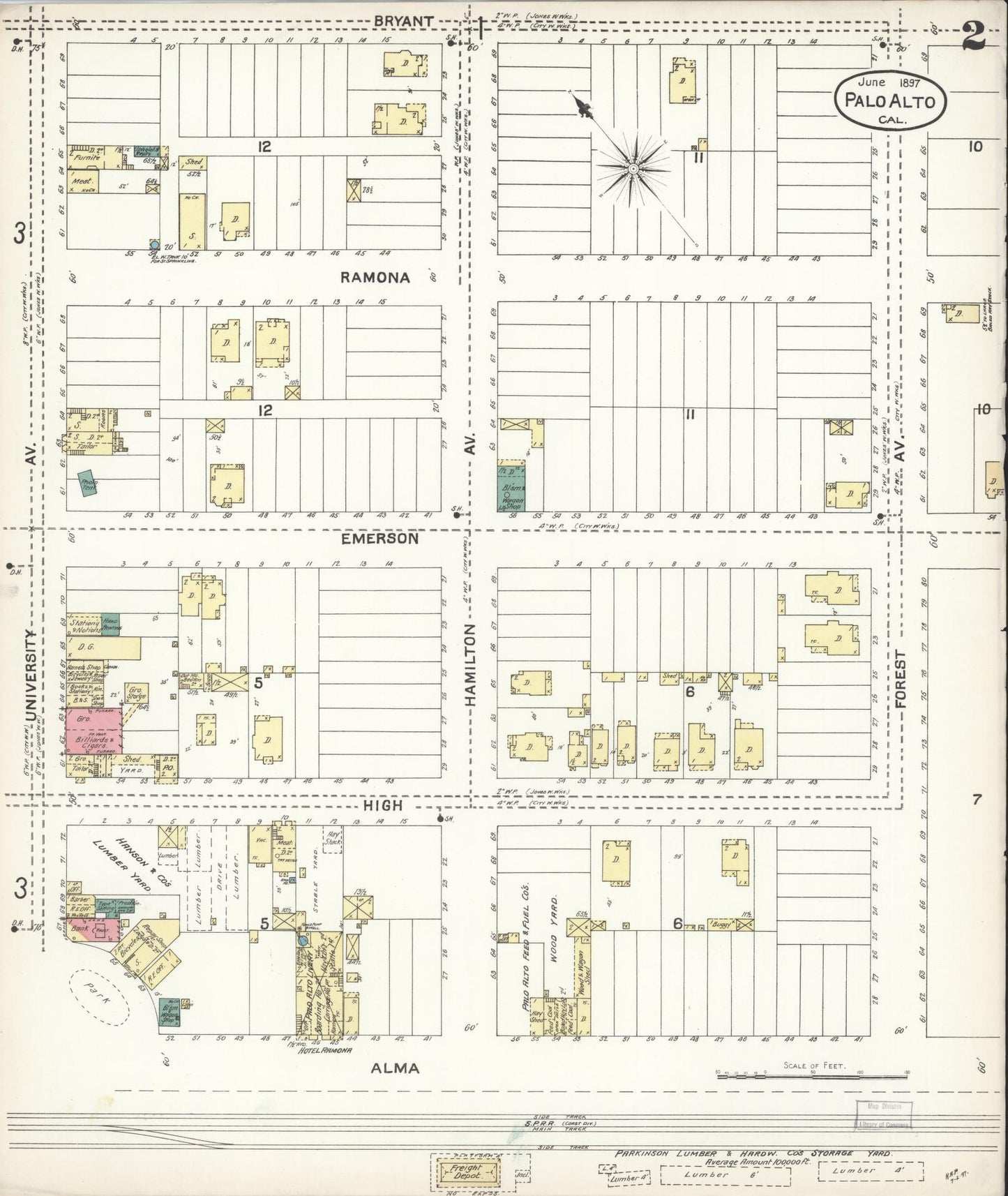 Sanborn Fire Insurance Map from Palo Alto, Santa Clara County, California (1897), Sheet #0002 - Complete Map Set gallery image, historic Sanborn map, vintage wall art, California California