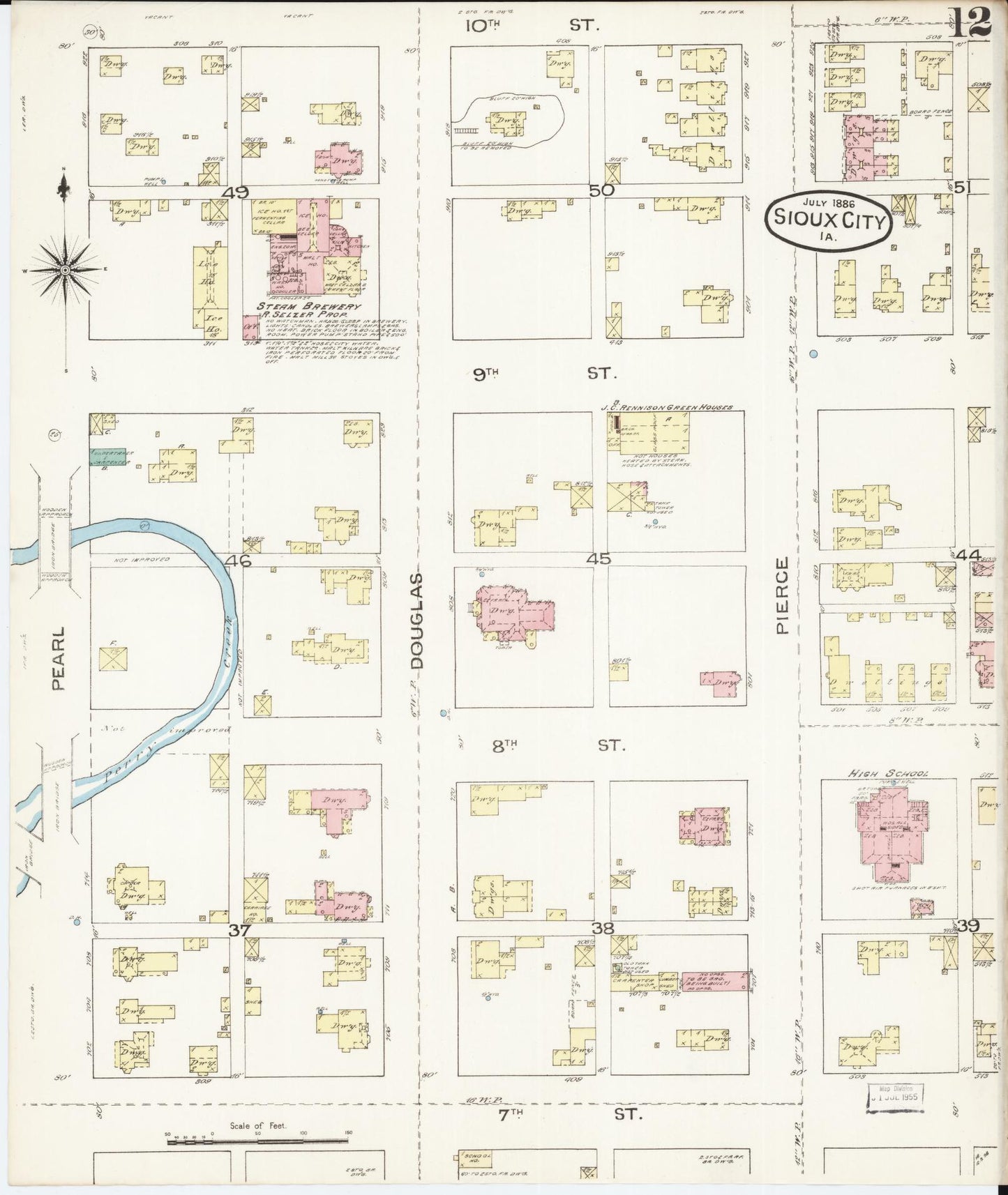 Sanborn Fire Insurance Map from Sioux City, Woodbury County, Iowa (1886), Sheet #0012 - Historic Sanborn Fire Insurance Map Print, vintage old map wall art