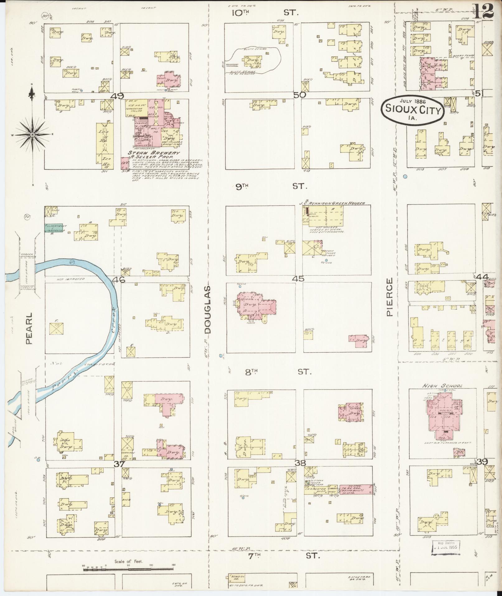 Sanborn Fire Insurance Map from Sioux City, Woodbury County, Iowa (1886), Sheet #0012 - Historic Sanborn Fire Insurance Map Print, vintage old map wall art
