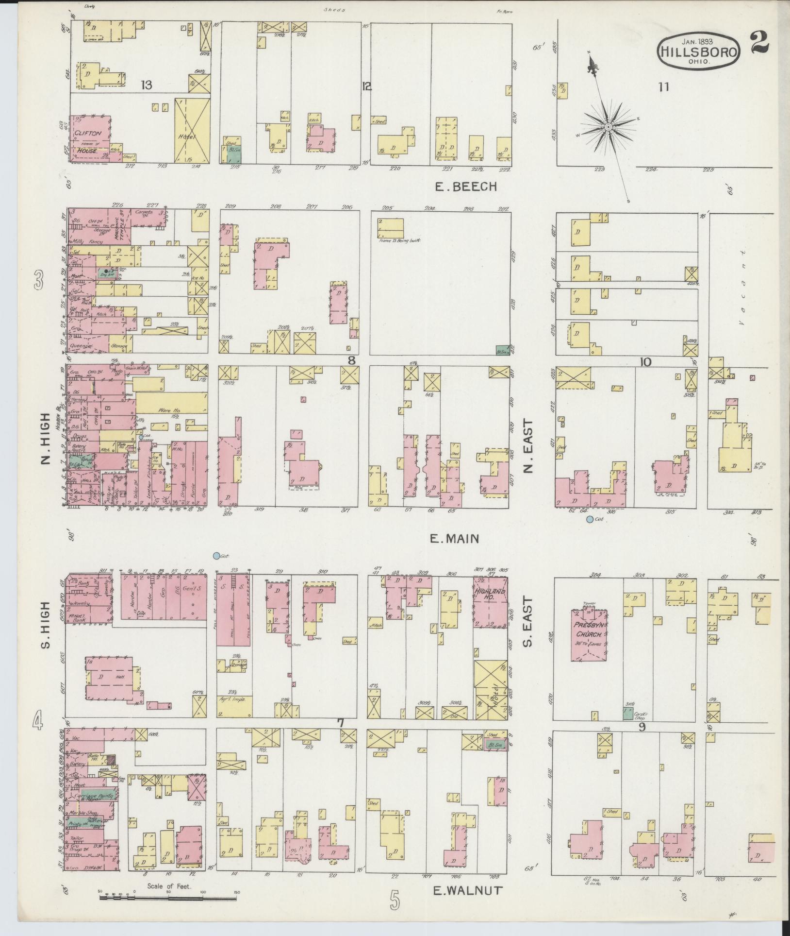 Sanborn Fire Insurance Map from Hillsboro, Highland County, Ohio (1893), Sheet #0002 - Complete Map Set gallery image, historic Sanborn map, vintage wall art, Ohio Ohio