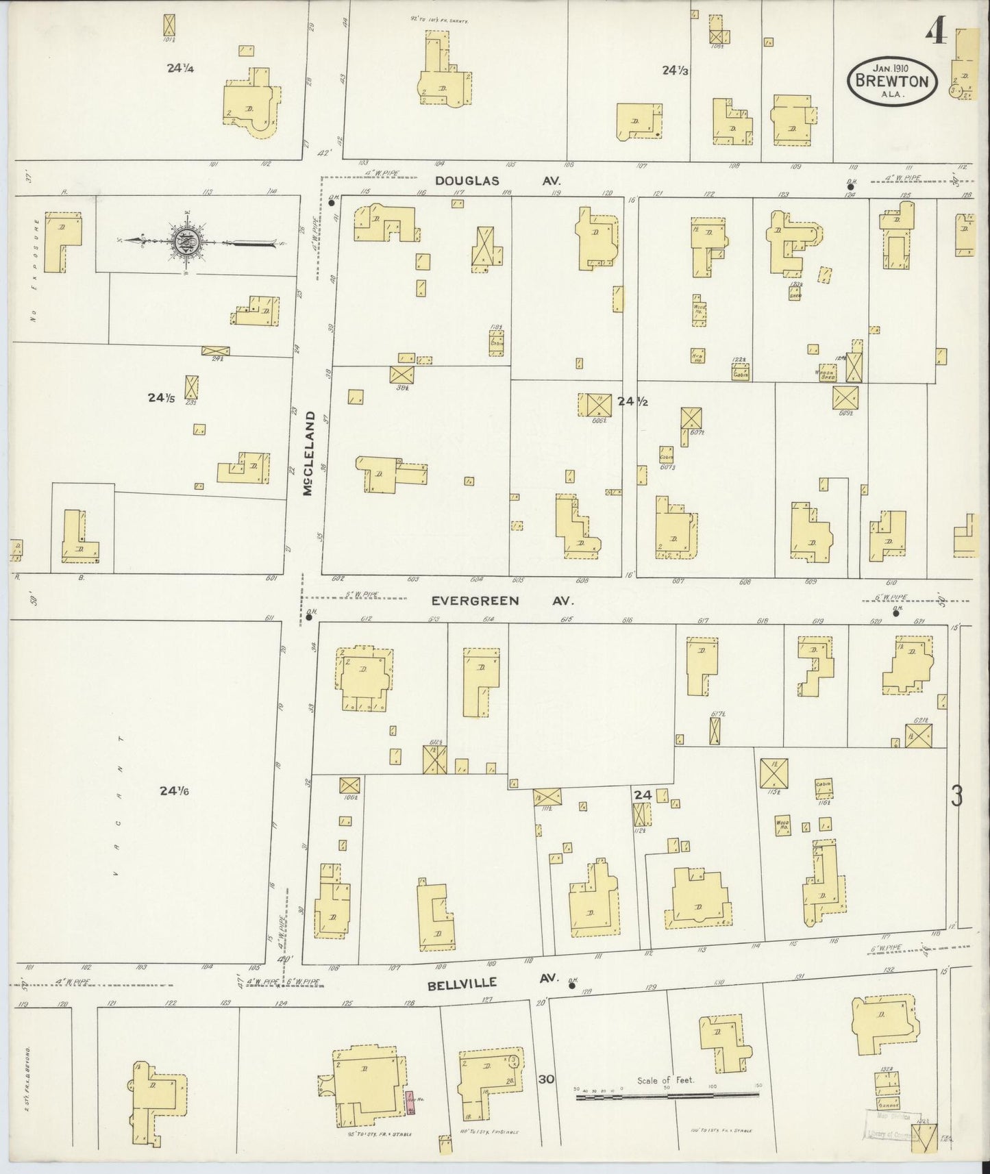 Sanborn Fire Insurance Map from Brewton, Escambia County, Alabama (1910), Sheet #0004 - Historic Sanborn Fire Insurance Map Print, vintage old map wall art, antique decor, genealogy gift, Alabama Alabama map