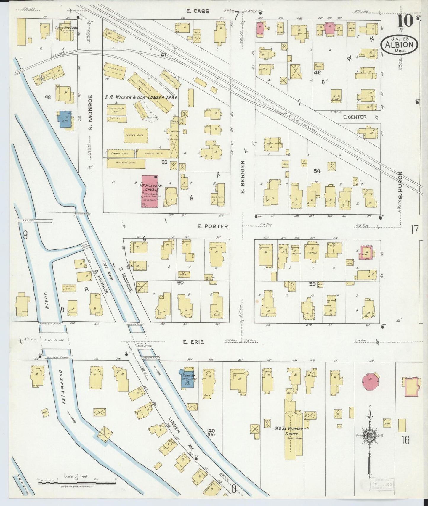 Sanborn Fire Insurance Map from Albion, Calhoun County, Michigan (1918), Sheet #0010 - Historic Sanborn Fire Insurance Map Print, vintage old map wall art, antique decor, genealogy gift, Michigan Michigan map