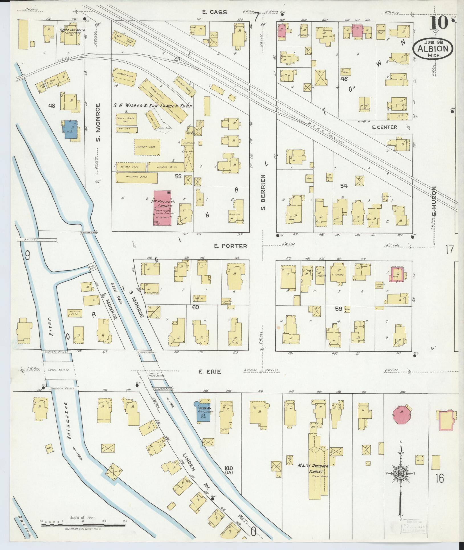 Sanborn Fire Insurance Map from Albion, Calhoun County, Michigan (1918), Sheet #0010 - Historic Sanborn Fire Insurance Map Print, vintage old map wall art, antique decor, genealogy gift, Michigan Michigan map