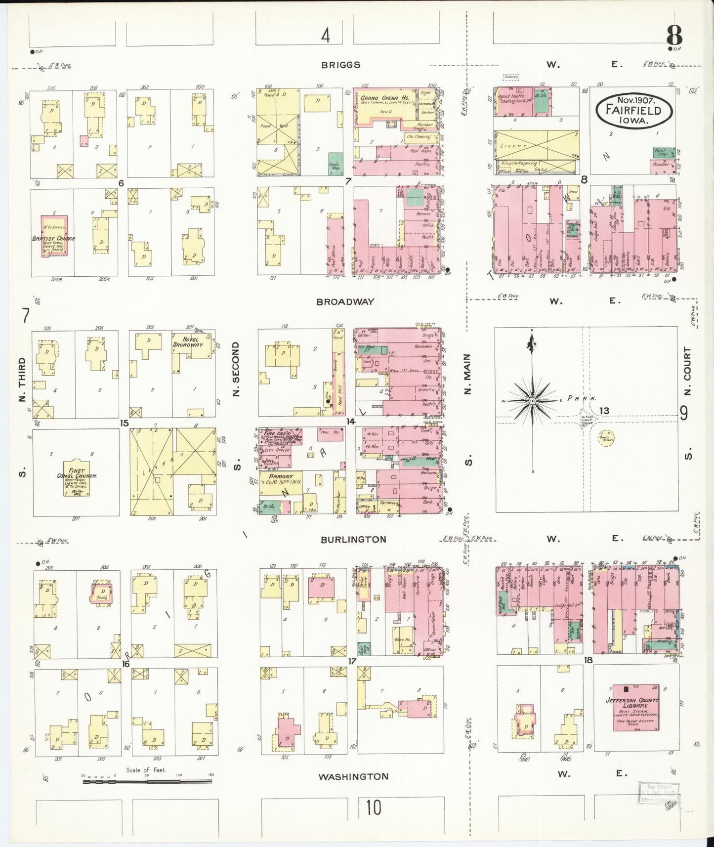 Sanborn Fire Insurance Map from Fairfield, Jefferson County, Iowa (1907), Sheet #0008 - Historic Sanborn Fire Insurance Map Print, vintage old map wall art