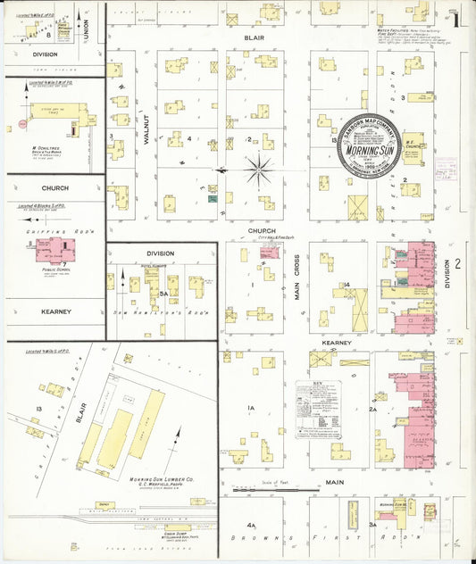 Sanborn Fire Insurance Map from Morning Sun, Louisa County, Iowa (1909), Sheet #0001 - Historic Sanborn Fire Insurance Map Print, vintage old map wall art