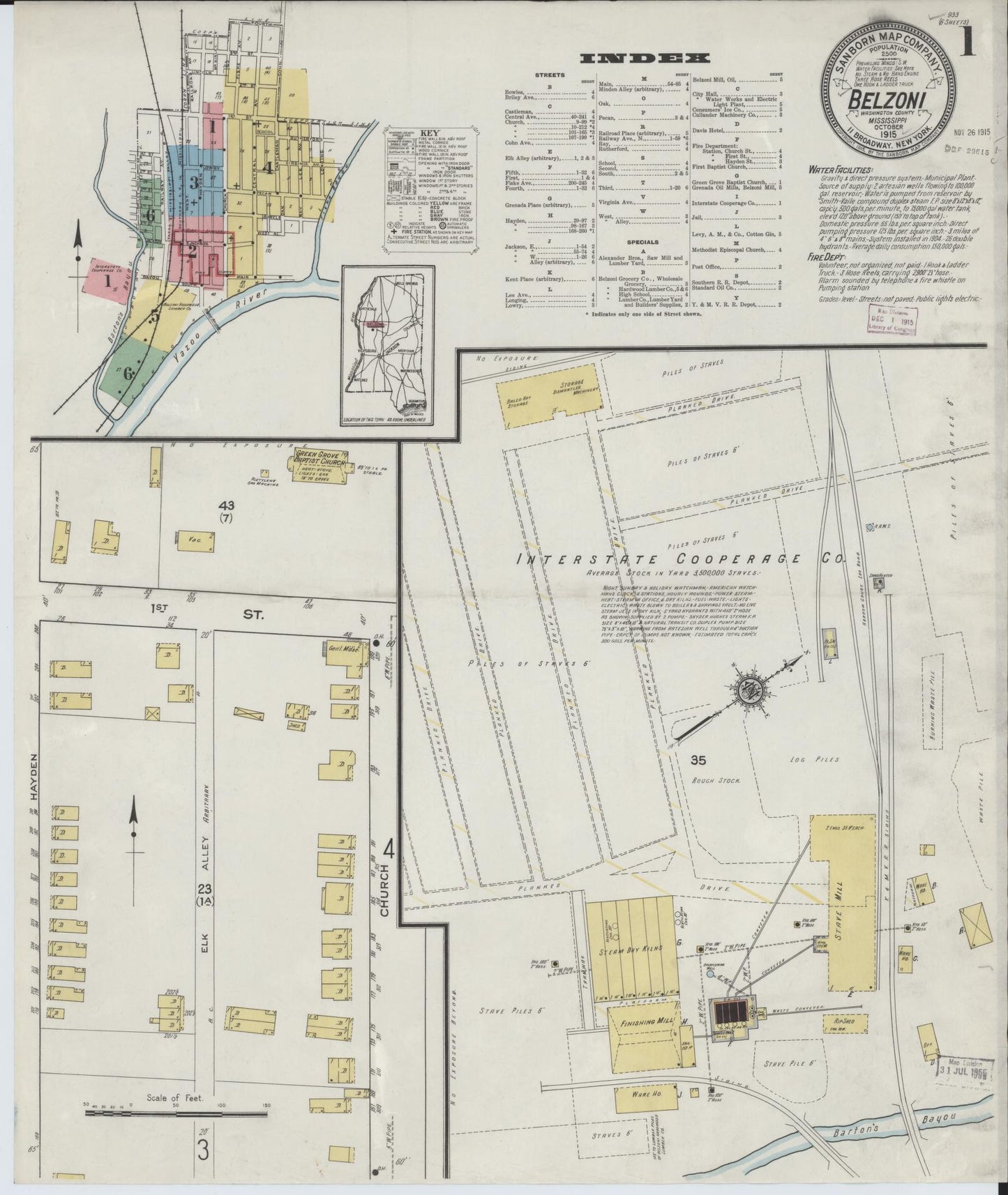 Sanborn Fire Insurance Map from Belzoni, Washington County, Mississippi (1915), Sheet #0001 - Complete Map Set gallery image, historic Sanborn map, vintage wall art, Mississippi Mississippi