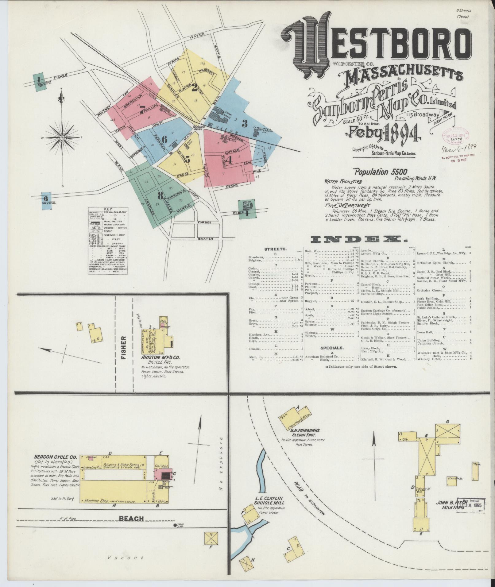 Sanborn Fire Insurance Map from Westboro, Worcester County, Massachusetts (1894), Sheet #0001 - Historic Sanborn Fire Insurance Map Print, vintage old map wall art, antique decor, genealogy gift, Massachusetts Massachusetts map