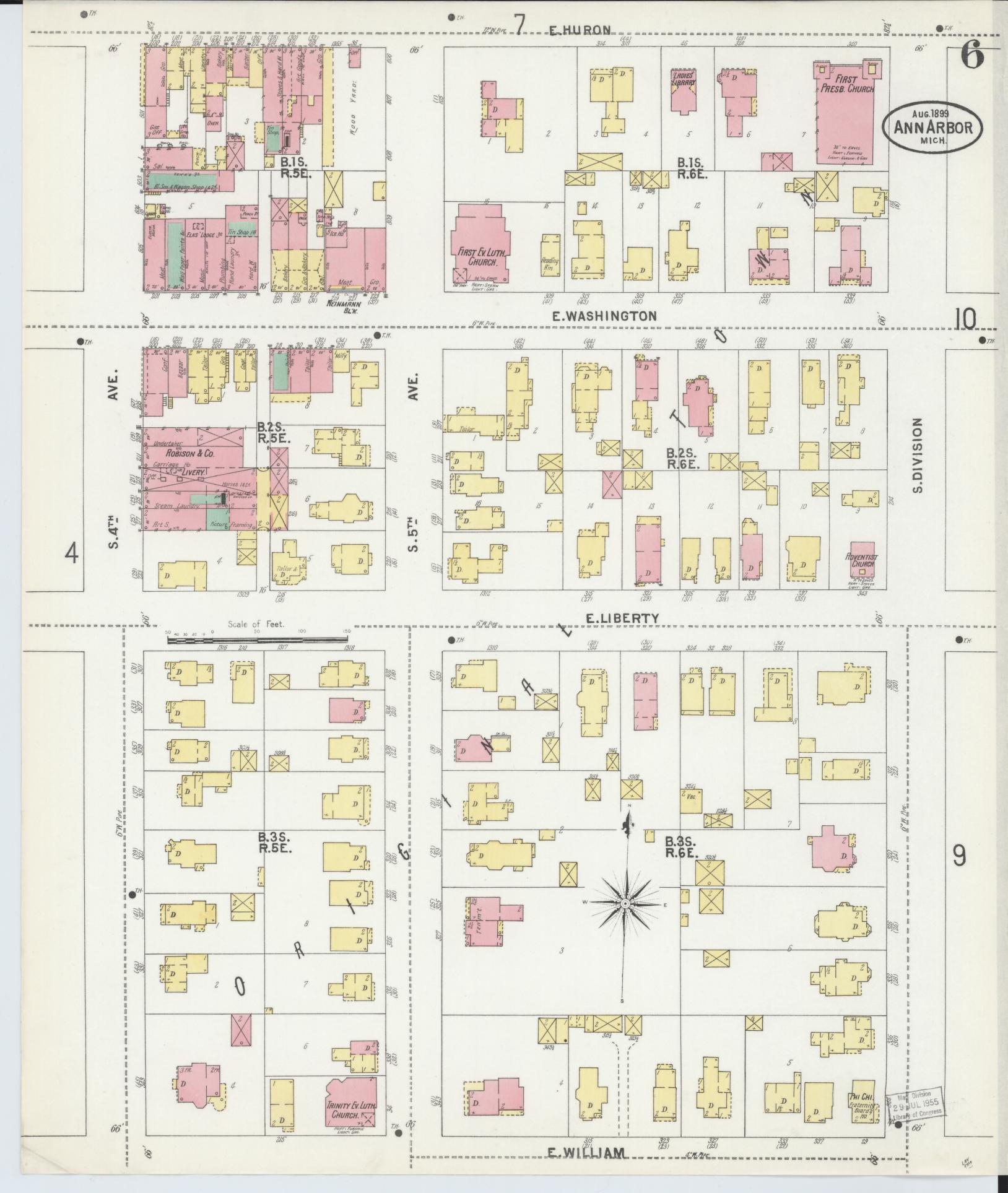Sanborn Fire Insurance Map from Ann Arbor, Washtenaw County, Michigan (1899), Sheet #0006 - Complete Map Set gallery image, historic Sanborn map, vintage wall art, Michigan Michigan