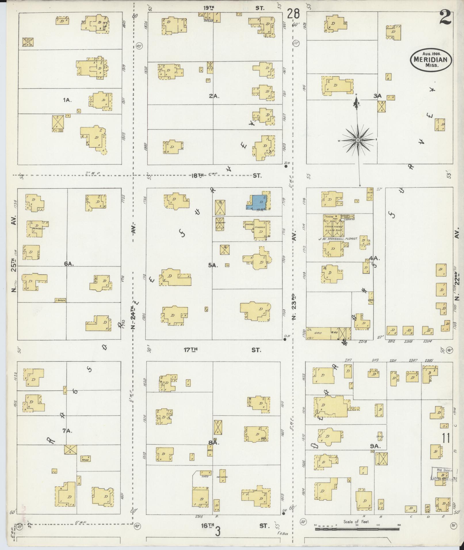 Sanborn Fire Insurance Map from Meridian, Lauderdale County, Mississippi (1906), Sheet #0002 - Complete Map Set gallery image, historic Sanborn map, vintage wall art, Mississippi Mississippi