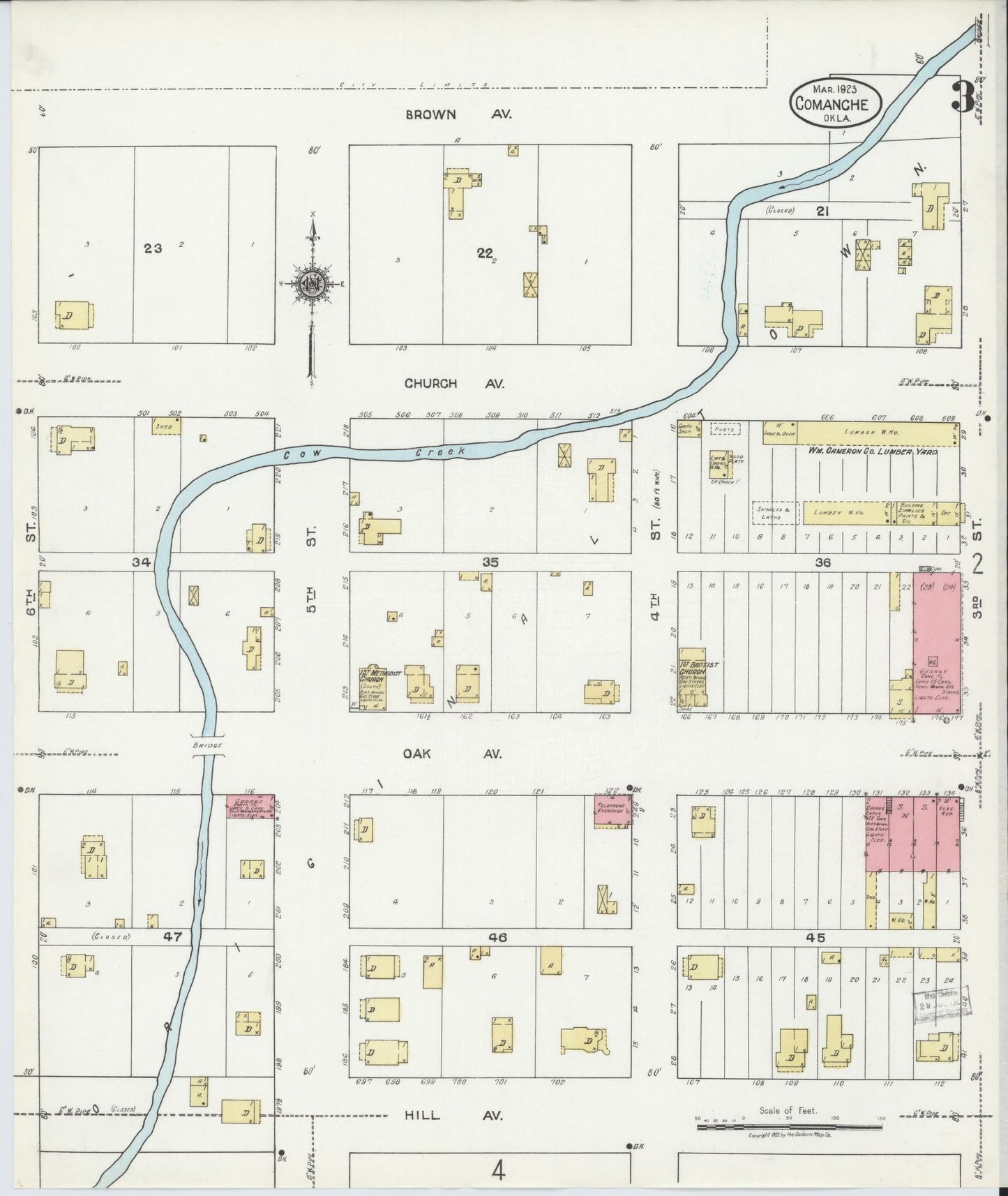 Sanborn Fire Insurance Map from Comanche, Stephens County, Oklahoma (1923), Sheet #0003 - Complete Map Set gallery image, historic Sanborn map, vintage wall art, Oklahoma Oklahoma