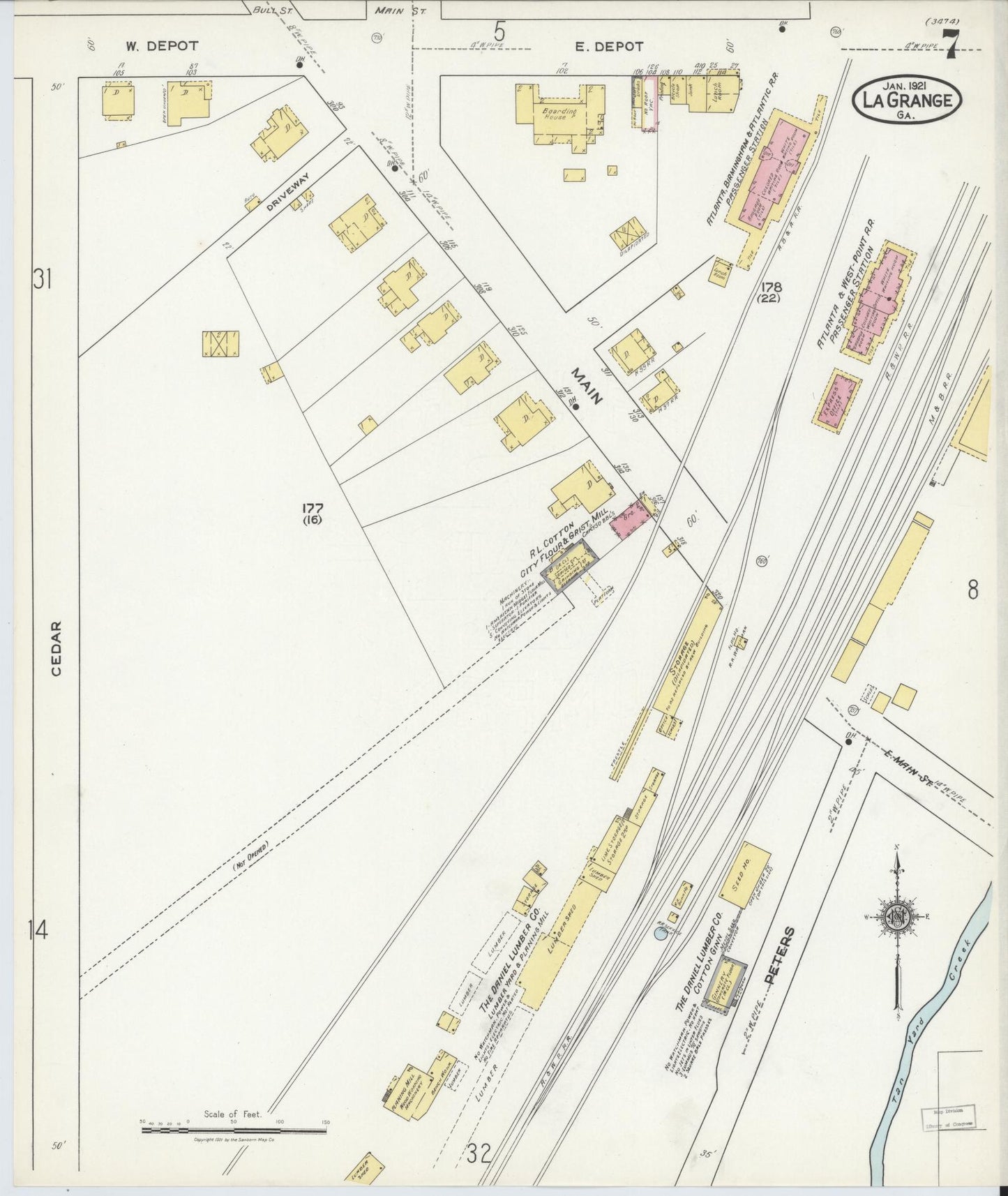 Sanborn Fire Insurance Map from La Grange, Troup County, Georgia (1921), Sheet #0007 - Historic Sanborn Fire Insurance Map Print, vintage old map wall art, antique decor, genealogy gift, Georgia Georgia map