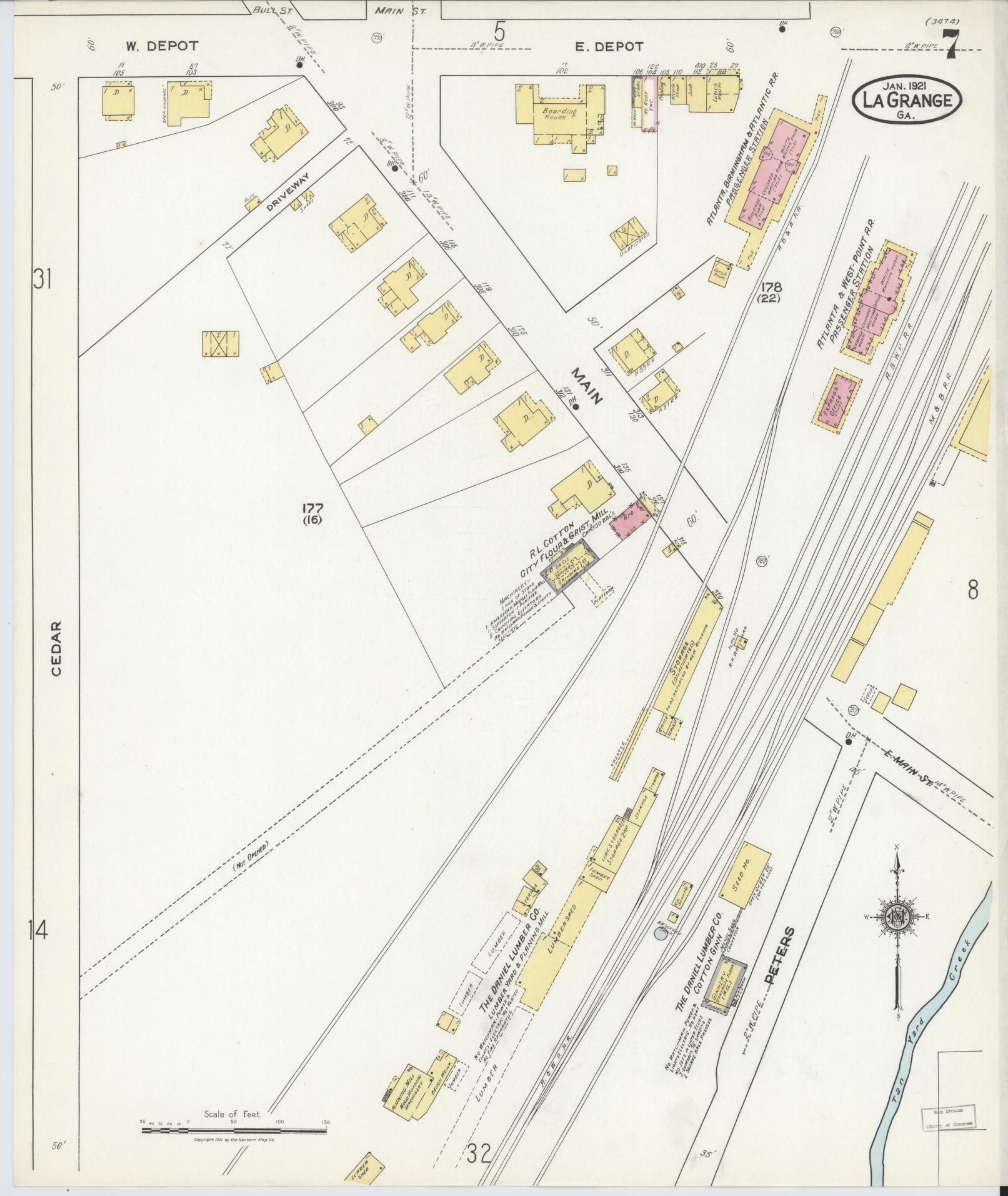 Sanborn Fire Insurance Map from La Grange, Troup County, Georgia (1921), Sheet #0007 - Historic Sanborn Fire Insurance Map Print, vintage old map wall art, antique decor, genealogy gift, Georgia Georgia map