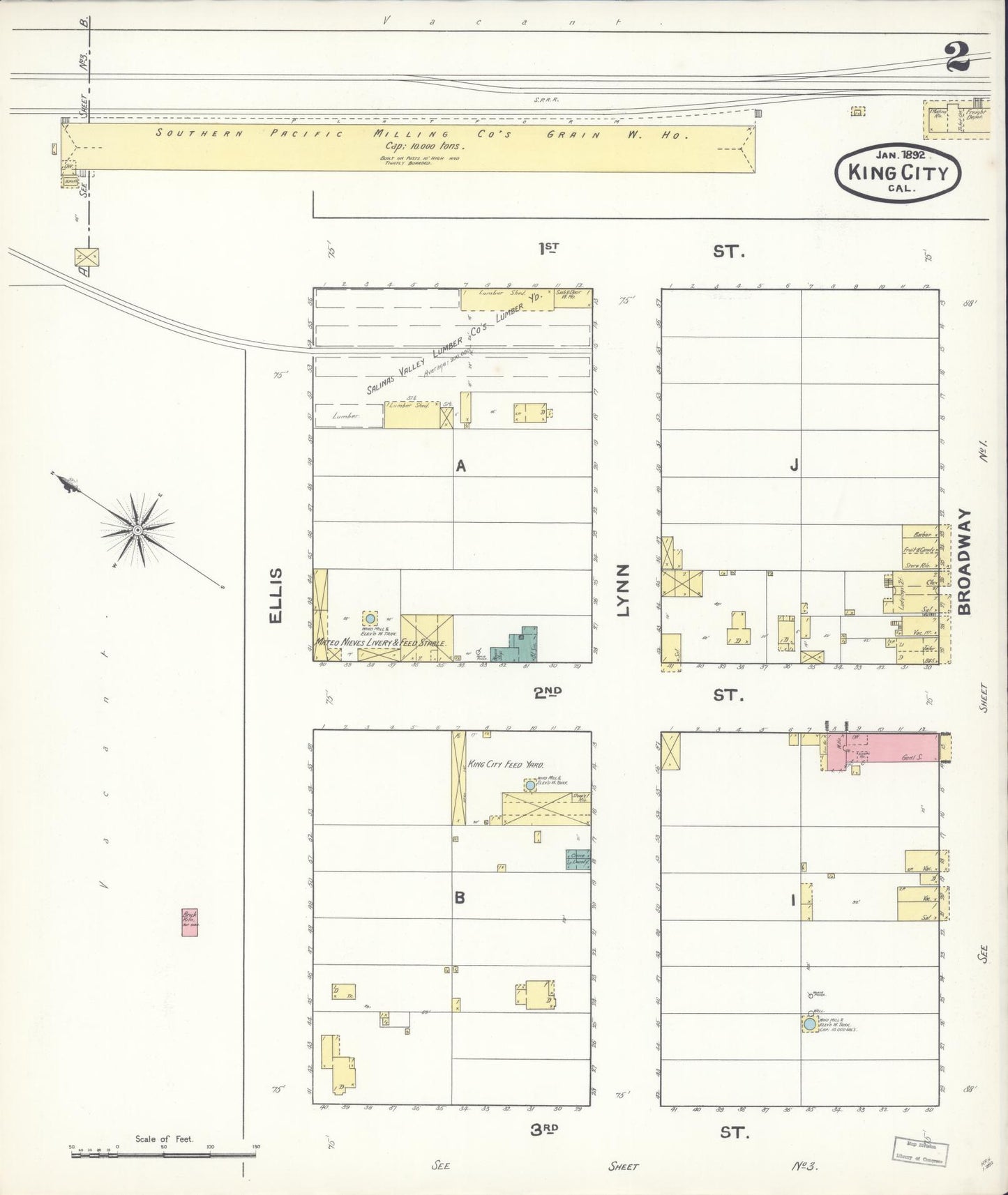Sanborn Fire Insurance Map from King City, Monterey County, California (1892), Sheet #0002 - Complete Map Set gallery image, historic Sanborn map, vintage wall art, California California