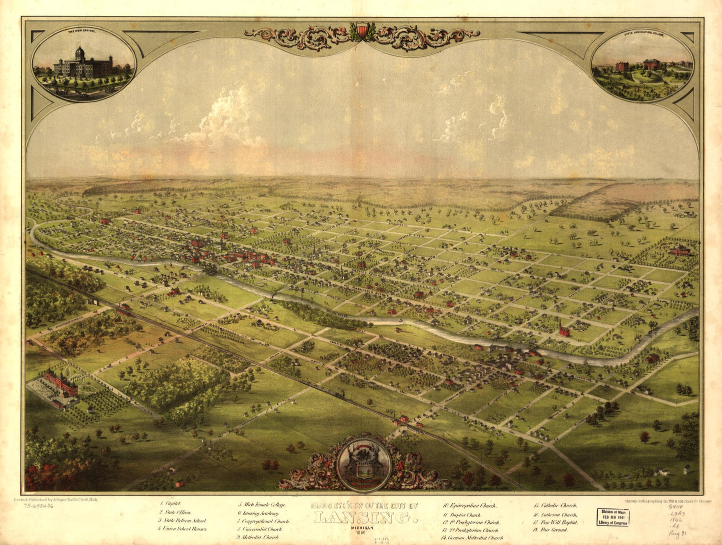 Birds eye view of the city of Lansing, Michigan 1866. (1866) – Historic Bird’s-Eye View Panorama Print