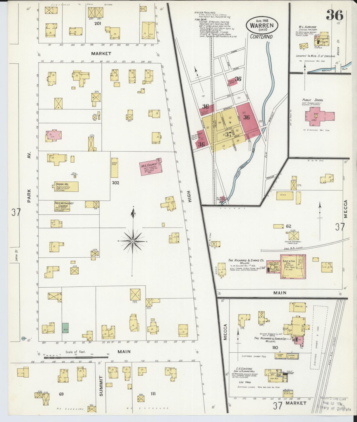 Sanborn Fire Insurance Map from Warren, Trumbull County, Ohio (1908), Sheet #0036 - Historic Sanborn Fire Insurance Map Print, vintage old map wall art, antique decor, genealogy gift, Ohio Ohio map