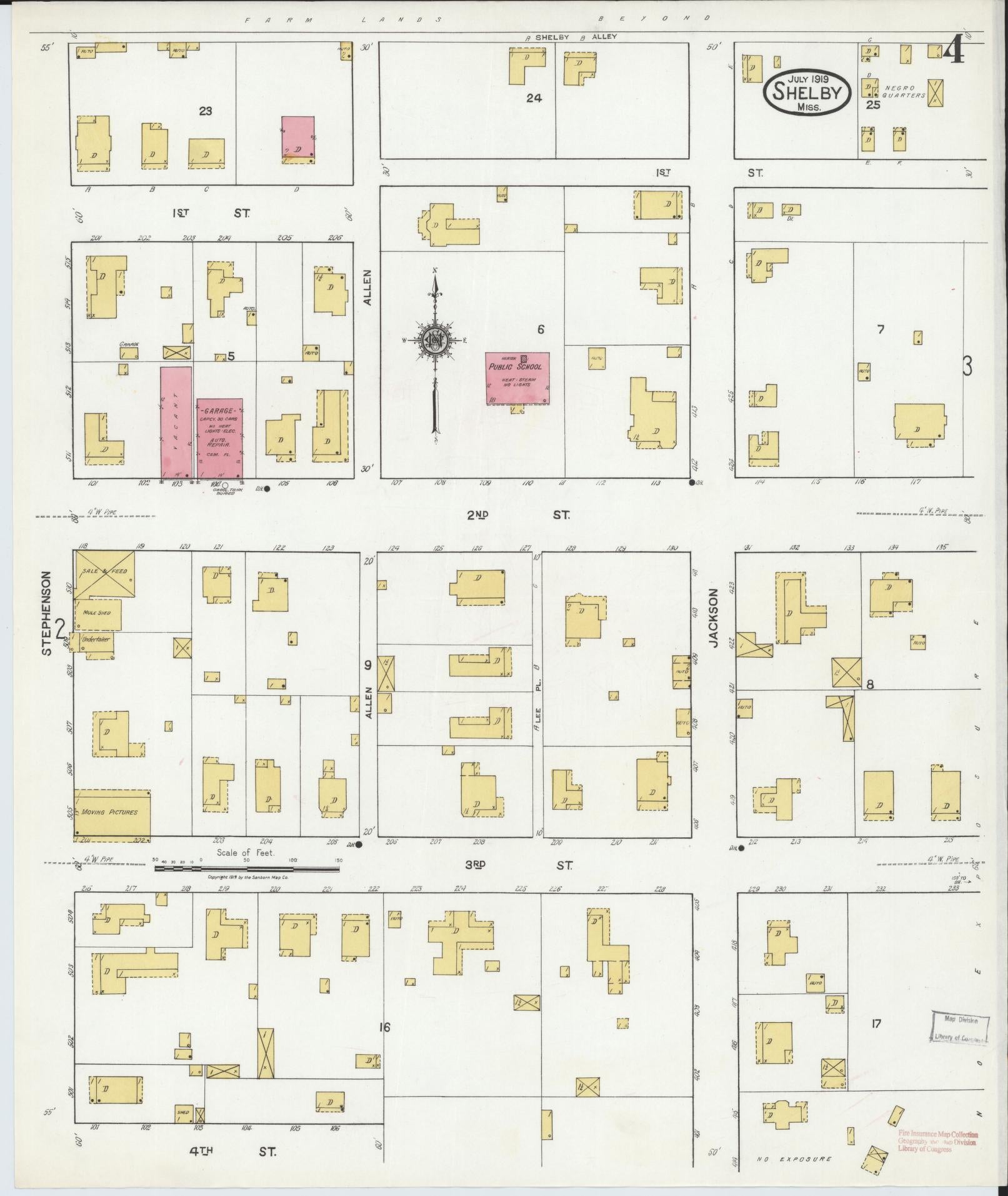 Sanborn Fire Insurance Map from Shelby, Bolivar County, Mississippi (1919), Sheet #0004 - Historic Sanborn Fire Insurance Map Print, vintage old map wall art, antique decor, genealogy gift, Mississippi Mississippi map