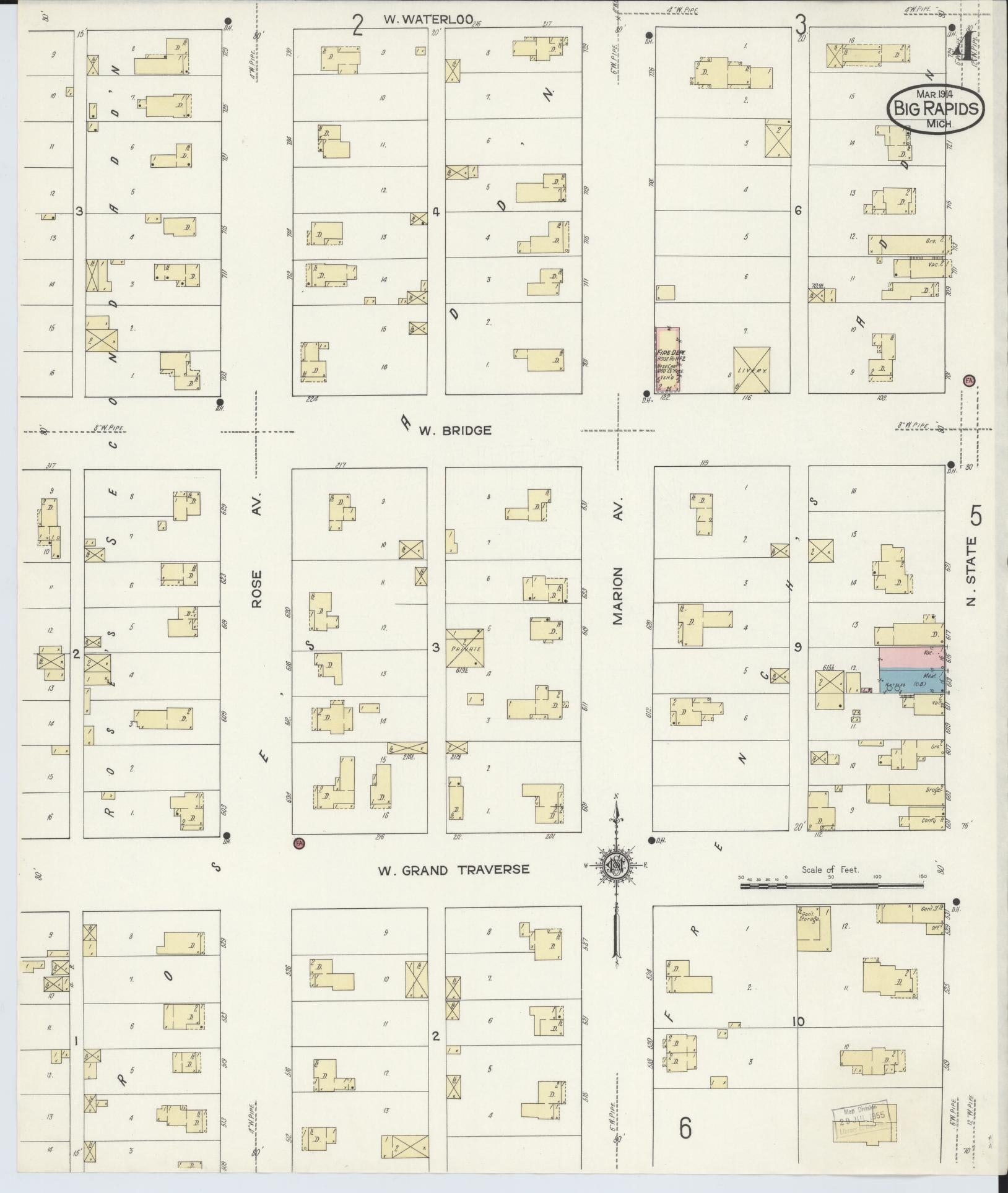 Sanborn Fire Insurance Map from Big Rapids, Mecosta County, Michigan (1914), Sheet #0004 - Complete Map Set gallery image, historic Sanborn map, vintage wall art, Michigan Michigan