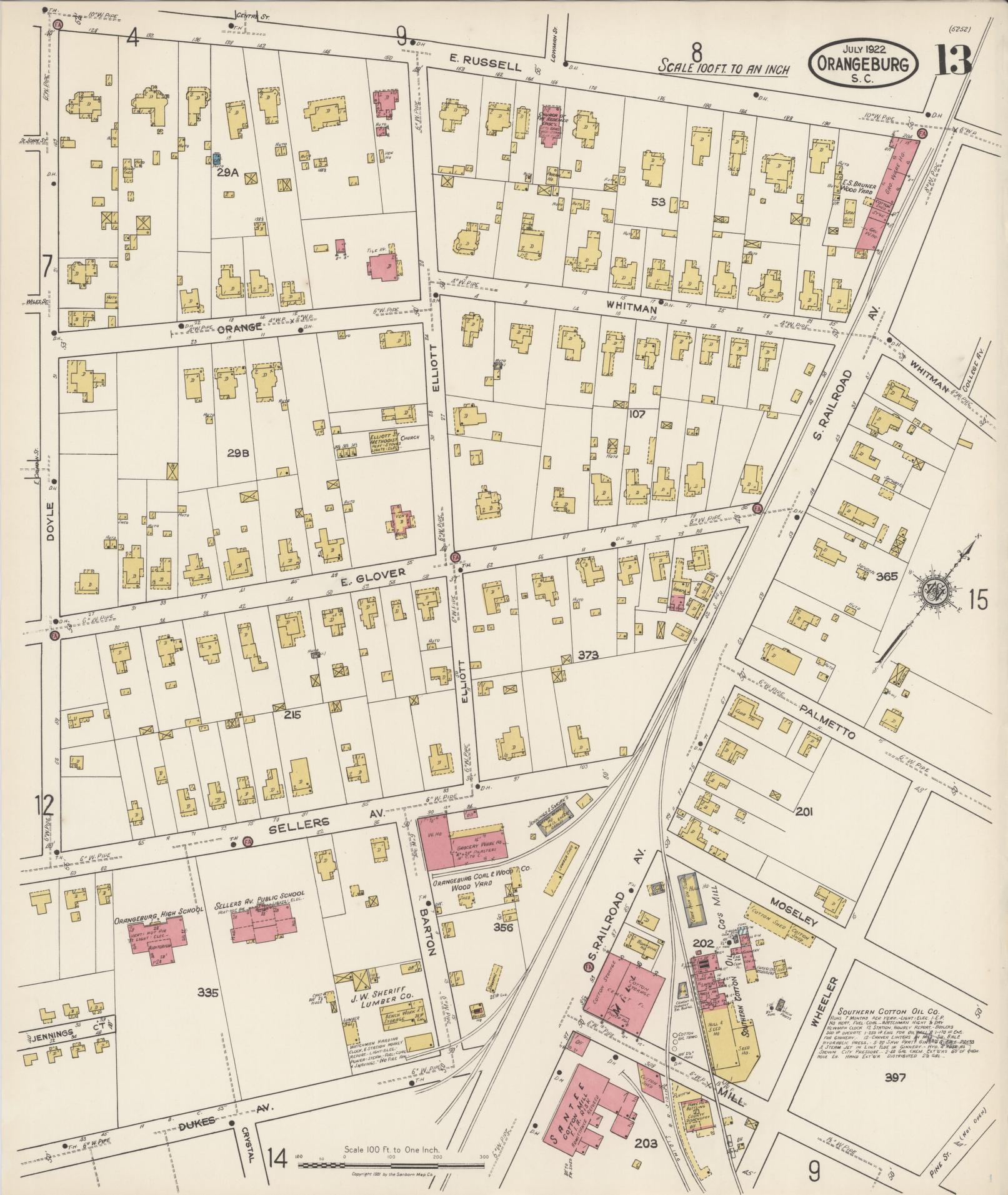Sanborn Fire Insurance Map from Orangeburg, Orangeburg County, South Carolina (1922), Sheet #0013 - Complete Map Set gallery image, historic Sanborn map, vintage wall art, South Carolina South Carolina