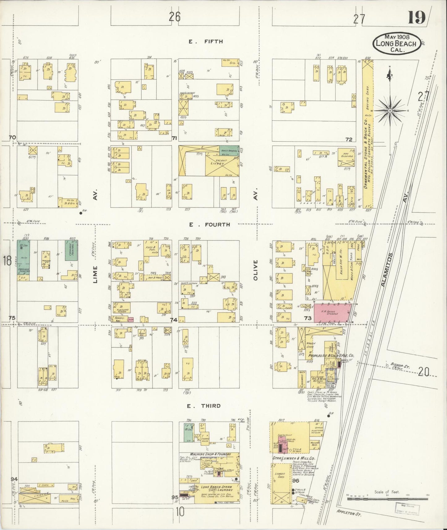 Sanborn Fire Insurance Map from Long Beach, Los Angeles County, California (1908), Sheet #0019 - Historic Sanborn Fire Insurance Map Print, vintage old map wall art, antique decor, genealogy gift, California California map