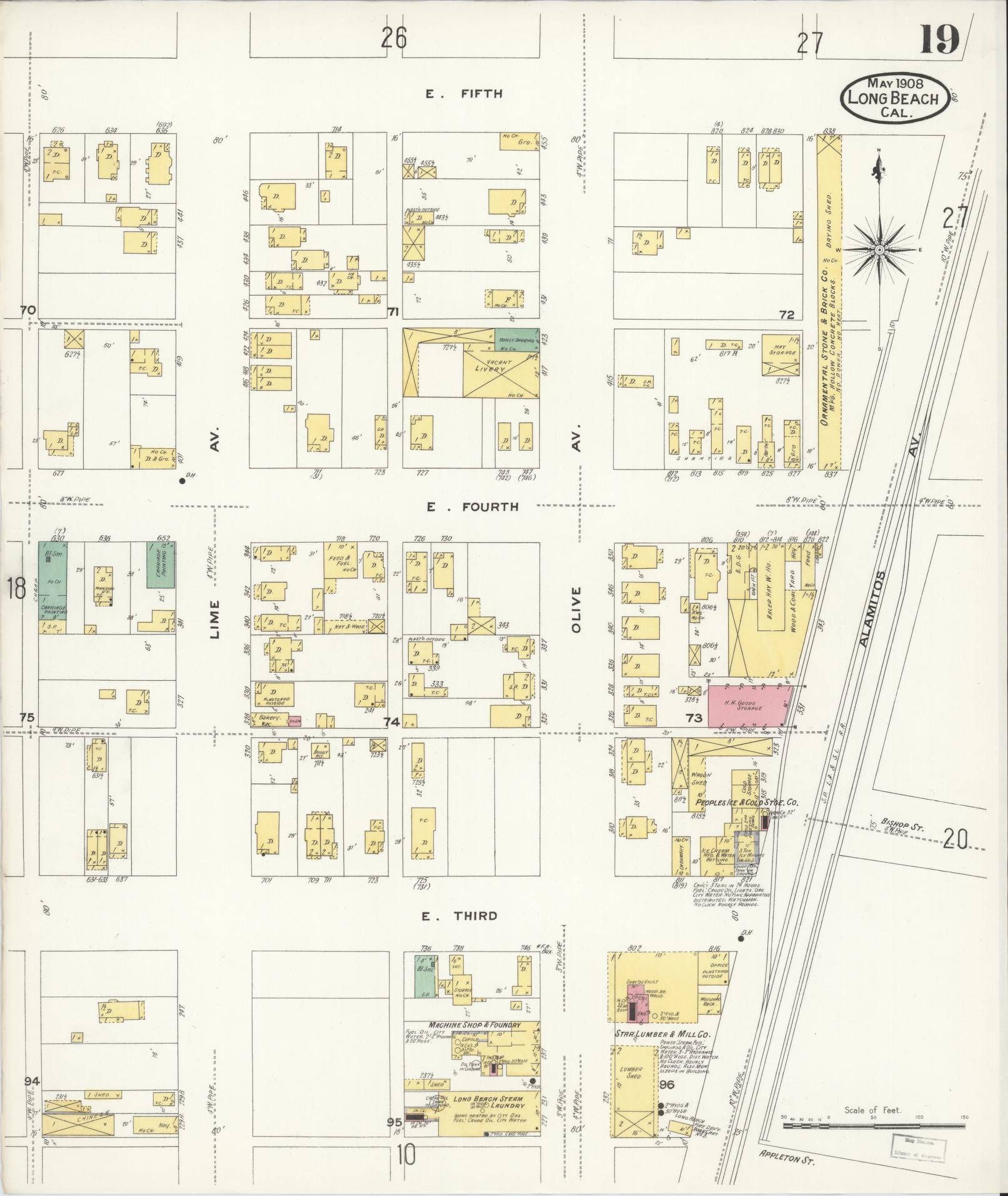 Sanborn Fire Insurance Map from Long Beach, Los Angeles County, California (1908), Sheet #0019 - Historic Sanborn Fire Insurance Map Print, vintage old map wall art, antique decor, genealogy gift, California California map