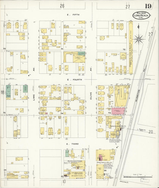 Sanborn Fire Insurance Map from Long Beach, Los Angeles County, California (1908), Sheet #0019 - Historic Sanborn Fire Insurance Map Print, vintage old map wall art, antique decor, genealogy gift, California California map