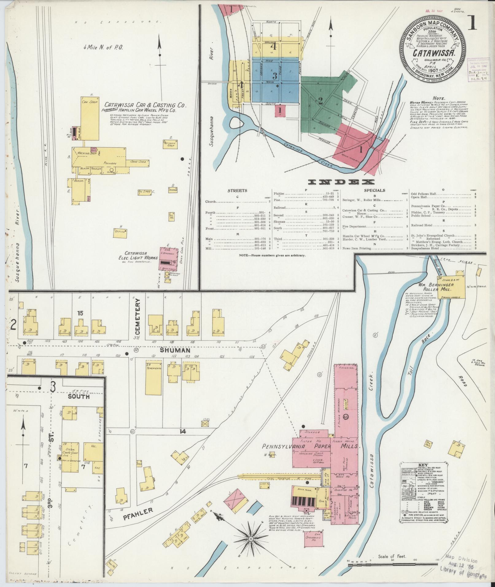 Sanborn Fire Insurance Map from Catawissa, Columbia County, Pennsylvania (1907), Sheet #0001 - Historic Sanborn Fire Insurance Map Print, vintage old map wall art, antique decor, genealogy gift, Pennsylvania Pennsylvania map