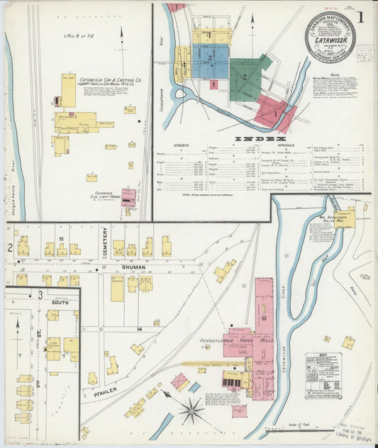Sanborn Fire Insurance Map from Catawissa, Columbia County, Pennsylvania (1907), Sheet #0001 - Historic Sanborn Fire Insurance Map Print, vintage old map wall art, antique decor, genealogy gift, Pennsylvania Pennsylvania map