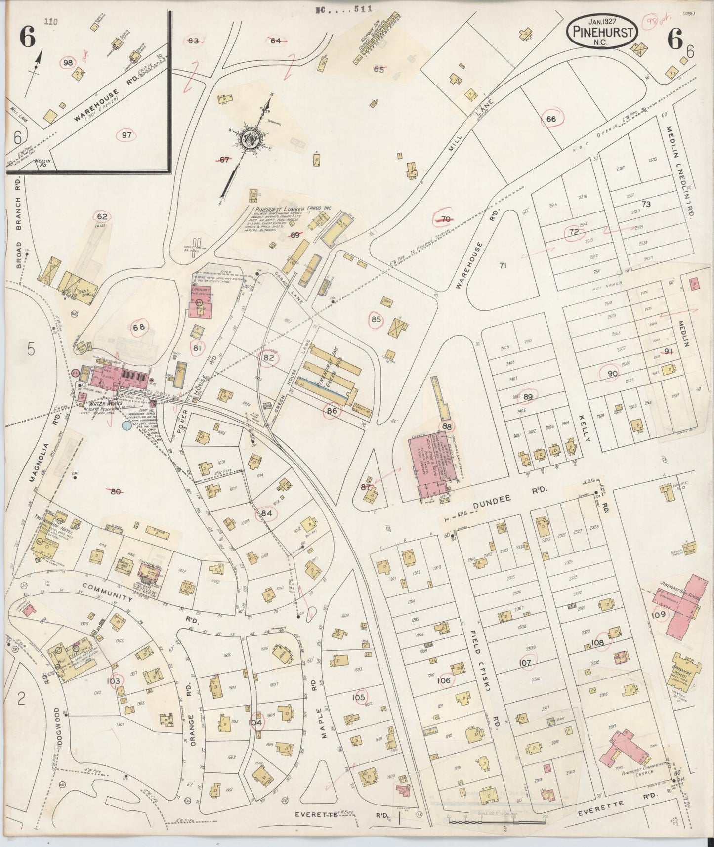 Sanborn Fire Insurance Map from Pinehurst, Moore County, North Carolina (1939), Sheet #0006 - Complete Map Set gallery image, historic Sanborn map, vintage wall art, North Carolina North Carolina