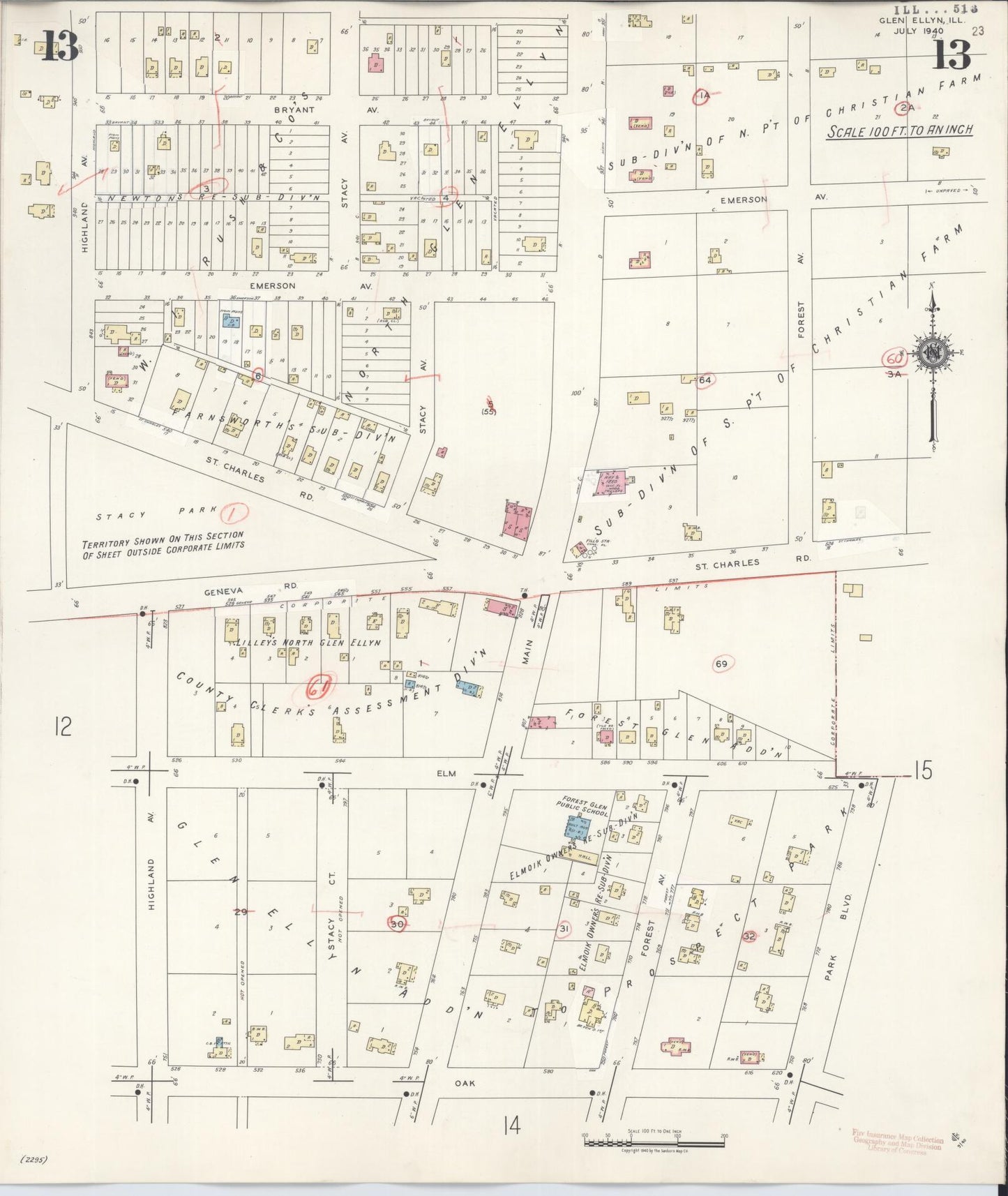 Sanborn Fire Insurance Map from Glen Ellyn, Du Page County, Illinois (1946), Sheet #0013 - Historic Sanborn Fire Insurance Map Print, vintage old map wall art, antique decor, genealogy gift, Illinois Illinois map