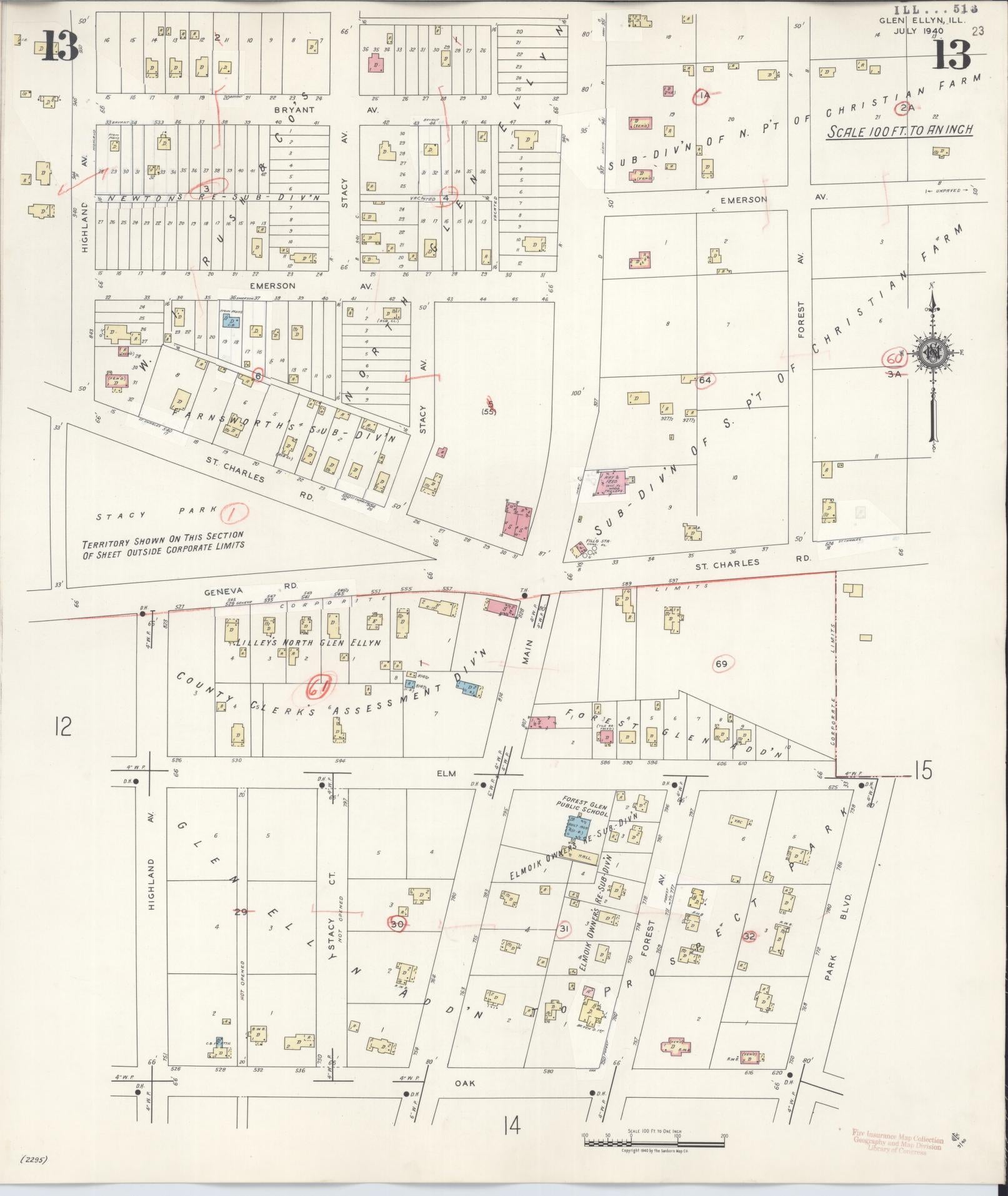 Sanborn Fire Insurance Map from Glen Ellyn, Du Page County, Illinois (1946), Sheet #0013 - Historic Sanborn Fire Insurance Map Print, vintage old map wall art, antique decor, genealogy gift, Illinois Illinois map