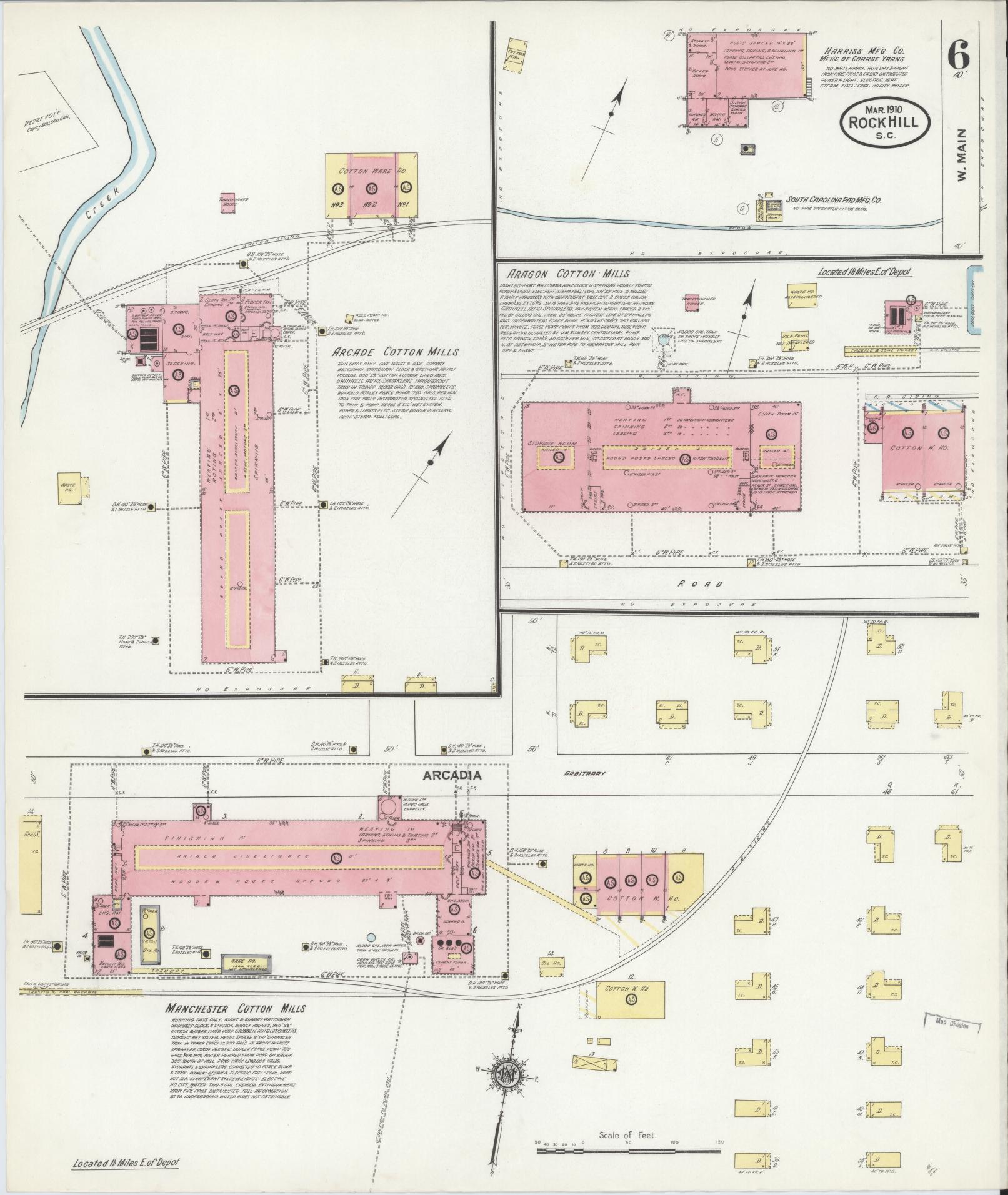 Sanborn Fire Insurance Map from Rock Hill, York County, South Carolina (1910), Sheet #0006 - Complete Map Set gallery image, historic Sanborn map, vintage wall art, South Carolina South Carolina