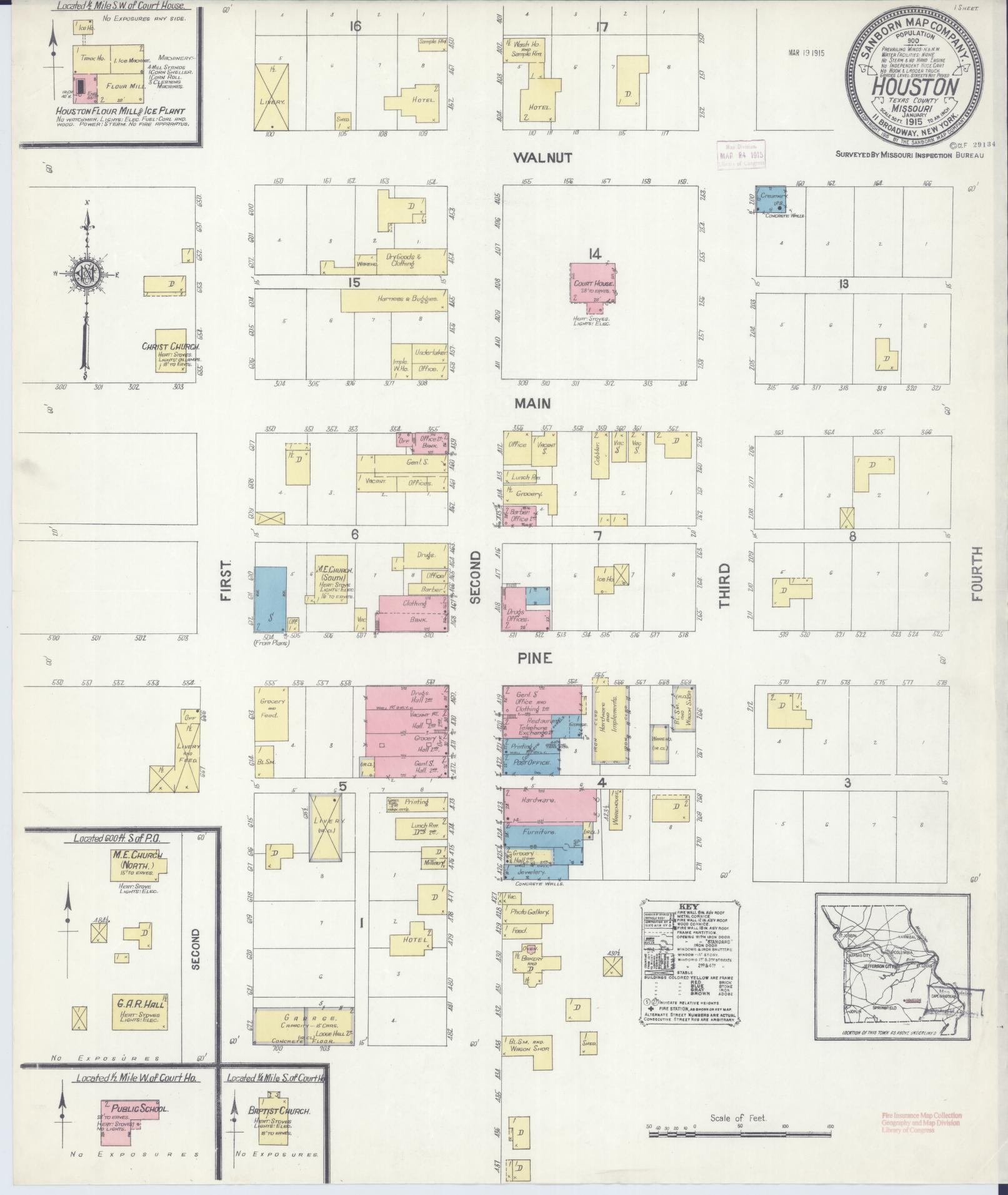 Sanborn Fire Insurance Map from Houston, Texas County, Missouri (1915), Sheet #0001 - Historic Sanborn Fire Insurance Map Print, vintage old map wall art, antique decor, genealogy gift, Missouri Missouri map