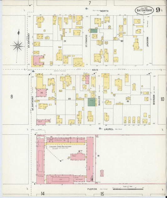 Sanborn Fire Insurance Map from Baton Rouge, East Baton Rouge Parish, Louisiana (1903), Sheet #0009 - Historic Sanborn Fire Insurance Map Print, vintage old map wall art, antique decor, genealogy gift, Louisiana Louisiana map