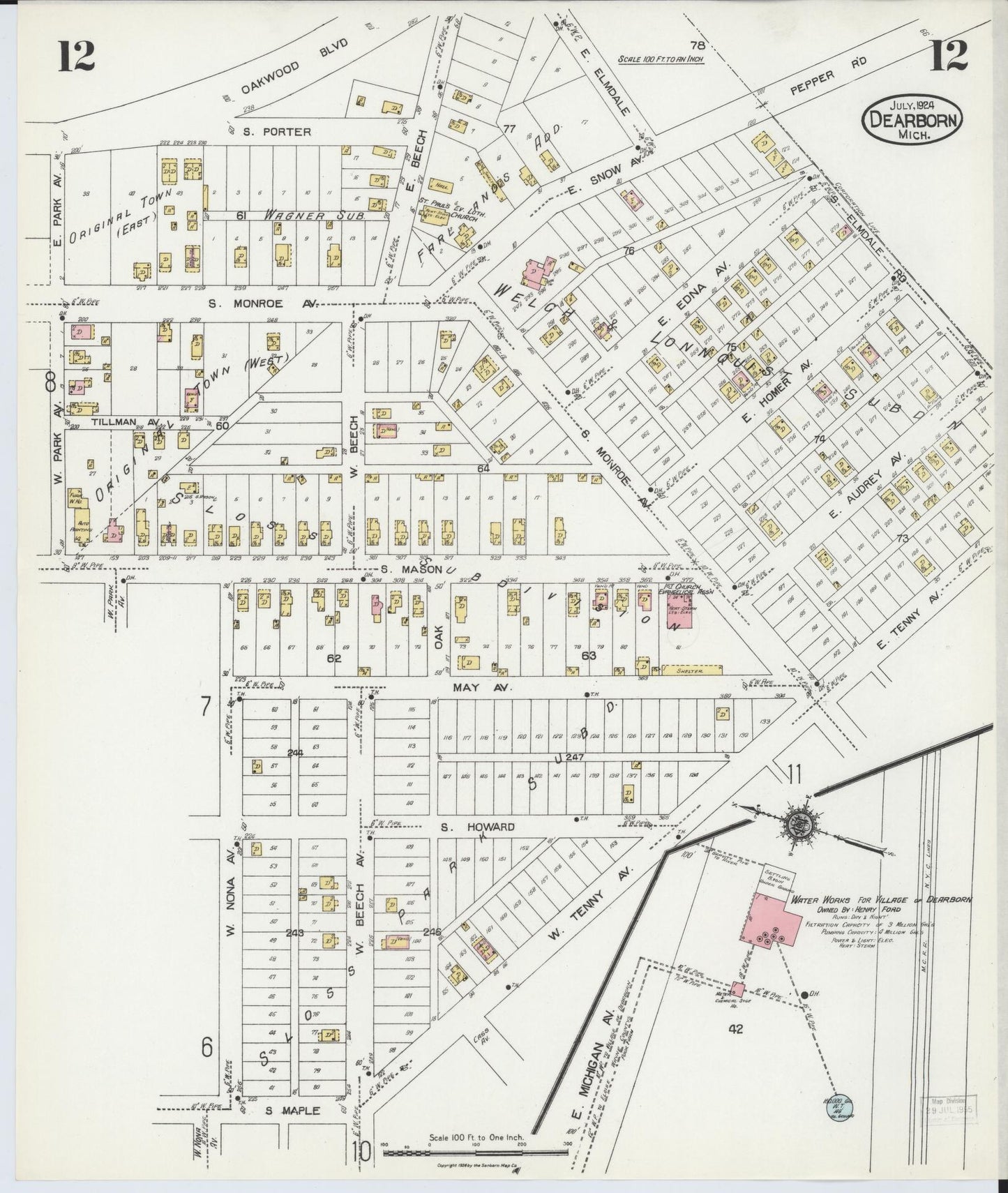 Sanborn Fire Insurance Map from Dearborn, Wayne County, Michigan (1924), Sheet #0012 - Complete Map Set gallery image, historic Sanborn map, vintage wall art, Michigan Michigan