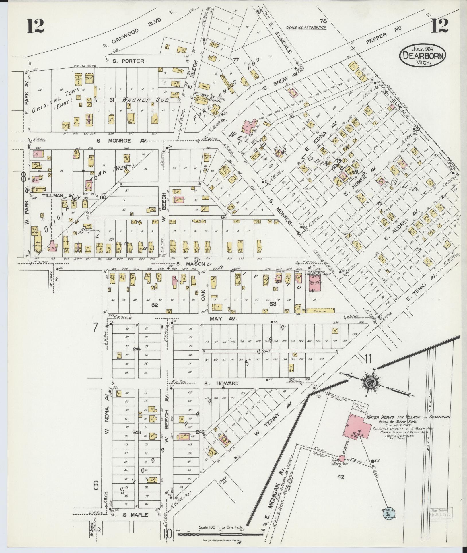 Sanborn Fire Insurance Map from Dearborn, Wayne County, Michigan (1924), Sheet #0012 - Complete Map Set gallery image, historic Sanborn map, vintage wall art, Michigan Michigan