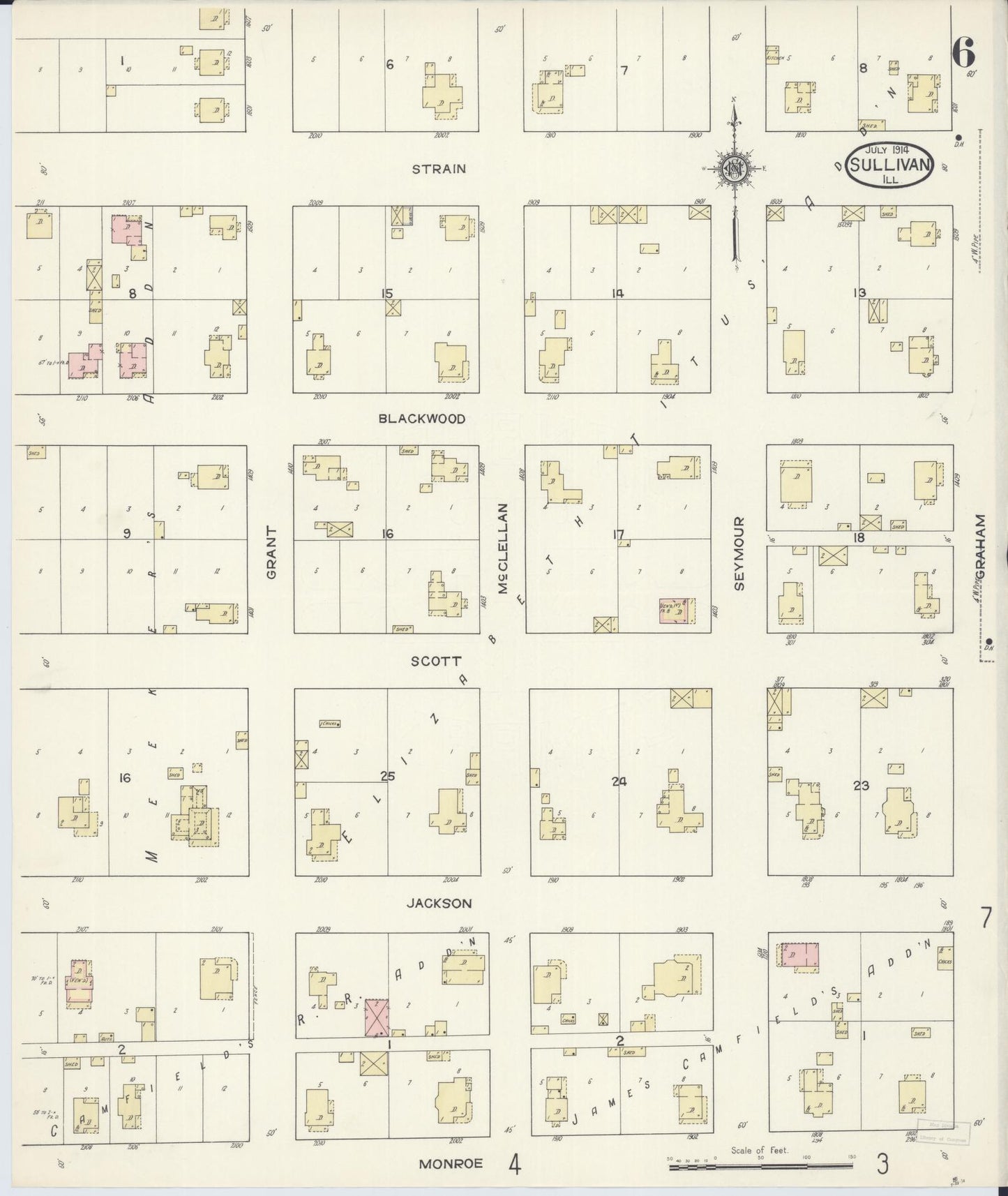 Sanborn Fire Insurance Map from Sullivan, Moultrie County, Illinois (1914), Sheet #0006 - Complete Map Set gallery image, historic Sanborn map, vintage wall art, Illinois Illinois