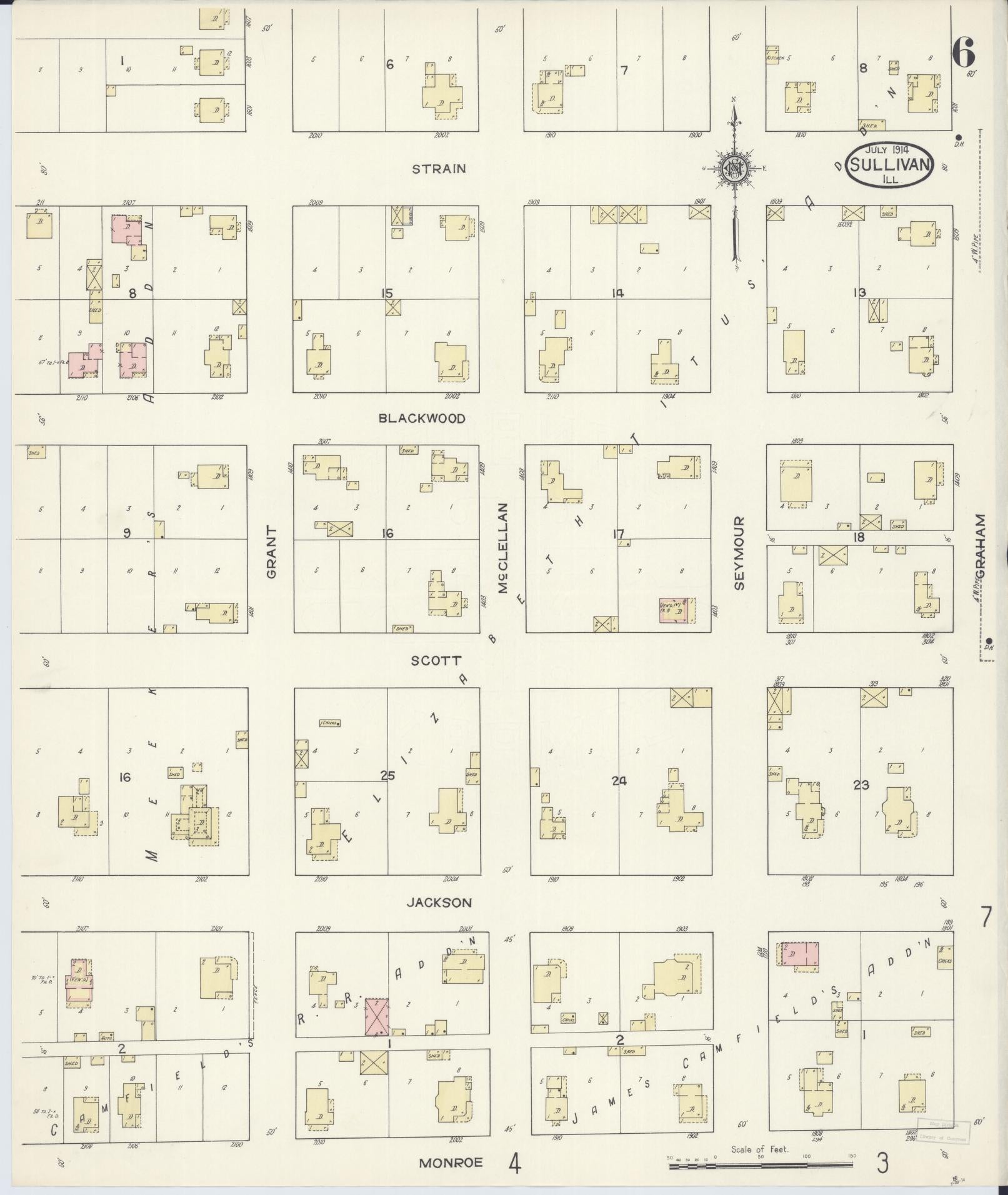 Sanborn Fire Insurance Map from Sullivan, Moultrie County, Illinois (1914), Sheet #0006 - Complete Map Set gallery image, historic Sanborn map, vintage wall art, Illinois Illinois