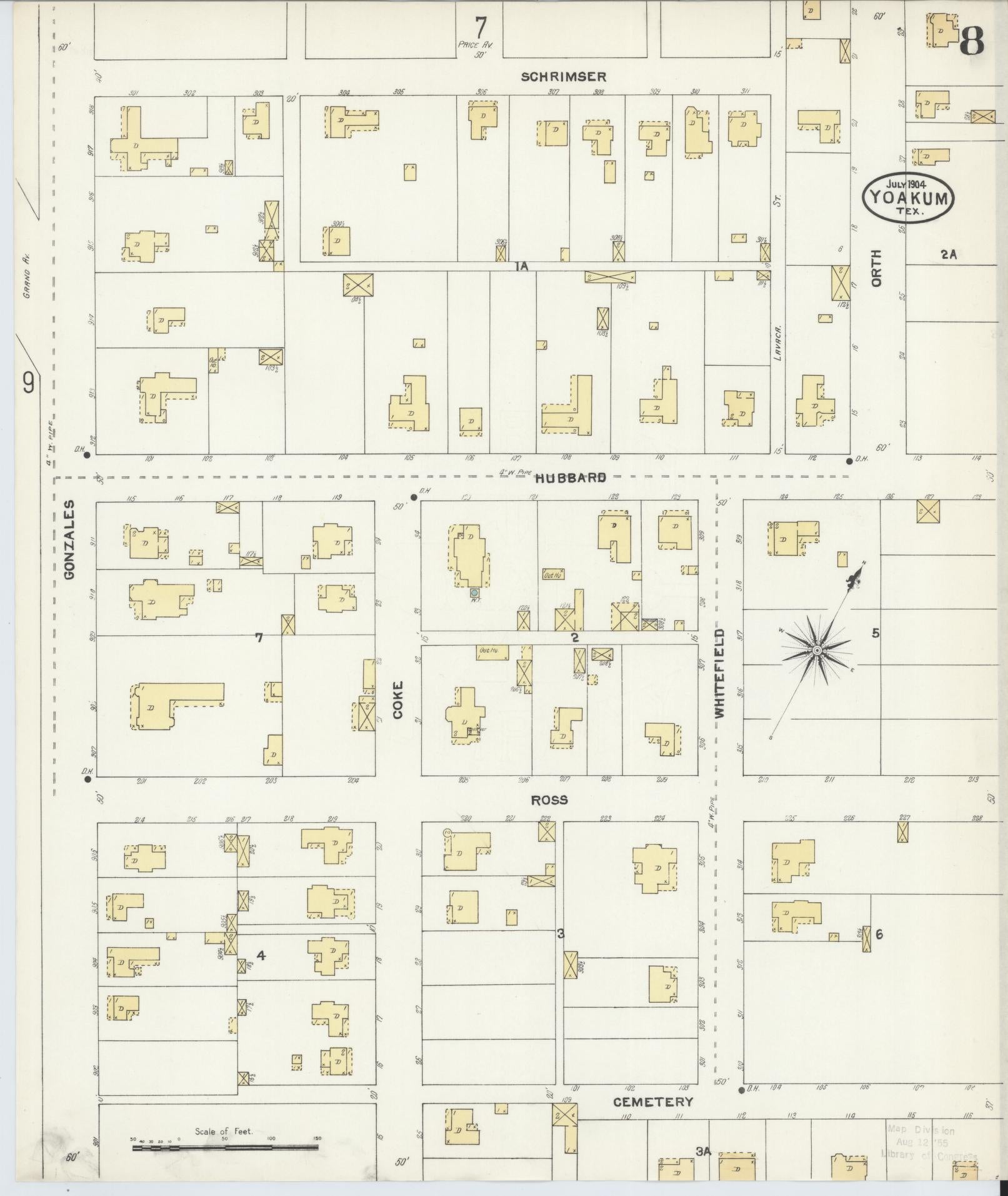 Sanborn Fire Insurance Map from Yoakum, De Witt And Lavaca Counties, Texas (1904), Sheet #0008 - Complete Map Set gallery image, historic Sanborn map, vintage wall art, Texas Texas