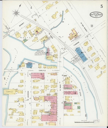 Sanborn Fire Insurance Map from Battle Creek, Calhoun County, Michigan (1907), Sheet #0005 - Complete Map Set gallery image, historic Sanborn map, vintage wall art, Michigan Michigan