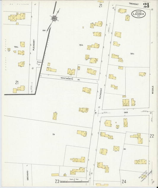 Sanborn Fire Insurance Map from Laconia, Belknap County, New Hampshire (1911), Sheet #0021 - Historic Sanborn Fire Insurance Map Print, vintage old map wall art, antique decor, genealogy gift, New Hampshire New Hampshire map