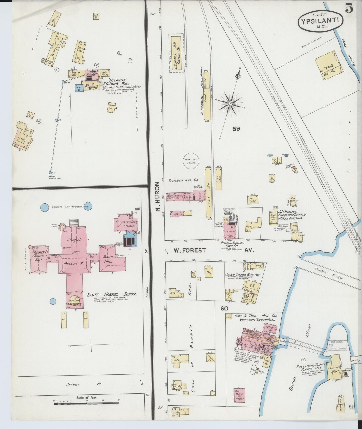 Sanborn Fire Insurance Map from Ypsilanti, Washtenaw County, Michigan (1888), Sheet #0005 - Complete Map Set gallery image, historic Sanborn map, vintage wall art, Michigan Michigan