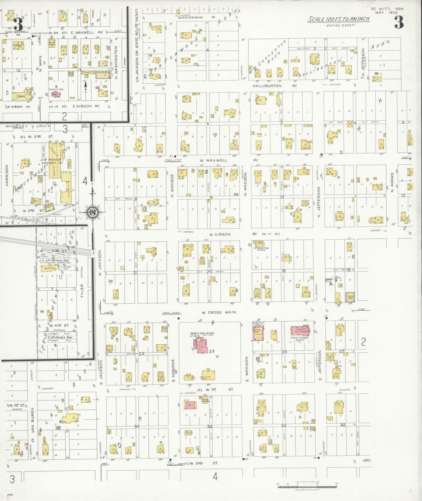Sanborn Fire Insurance Map from De Witt, Arkansas County, Arkansas (1933), Sheet #0003 - Complete Map Set gallery image, historic Sanborn map, vintage wall art, De Witt Arkansas