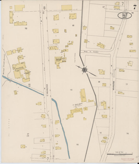 Sanborn Fire Insurance Map from Hilo, Hawaii County, Hawaii (1921), Sheet #0007 - Historic Sanborn Fire Insurance Map Print, vintage old map wall art